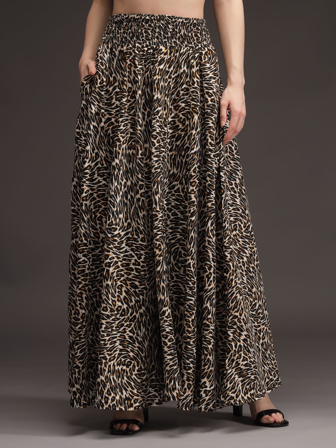 Women Relaxed, Flared Brown, Black, White Viscose Rayon Trousers