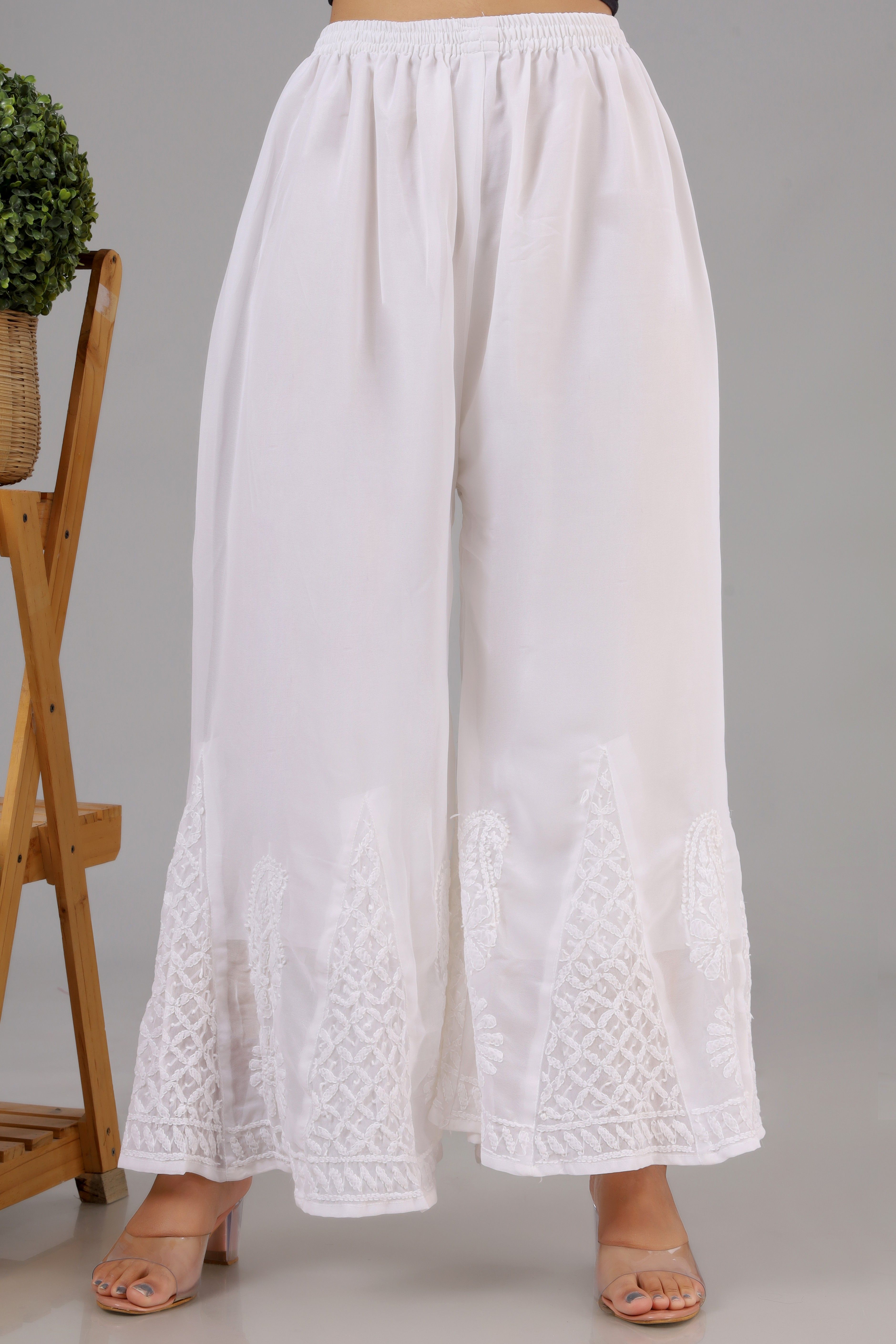 Women Regular Fit White Georgette Trousers