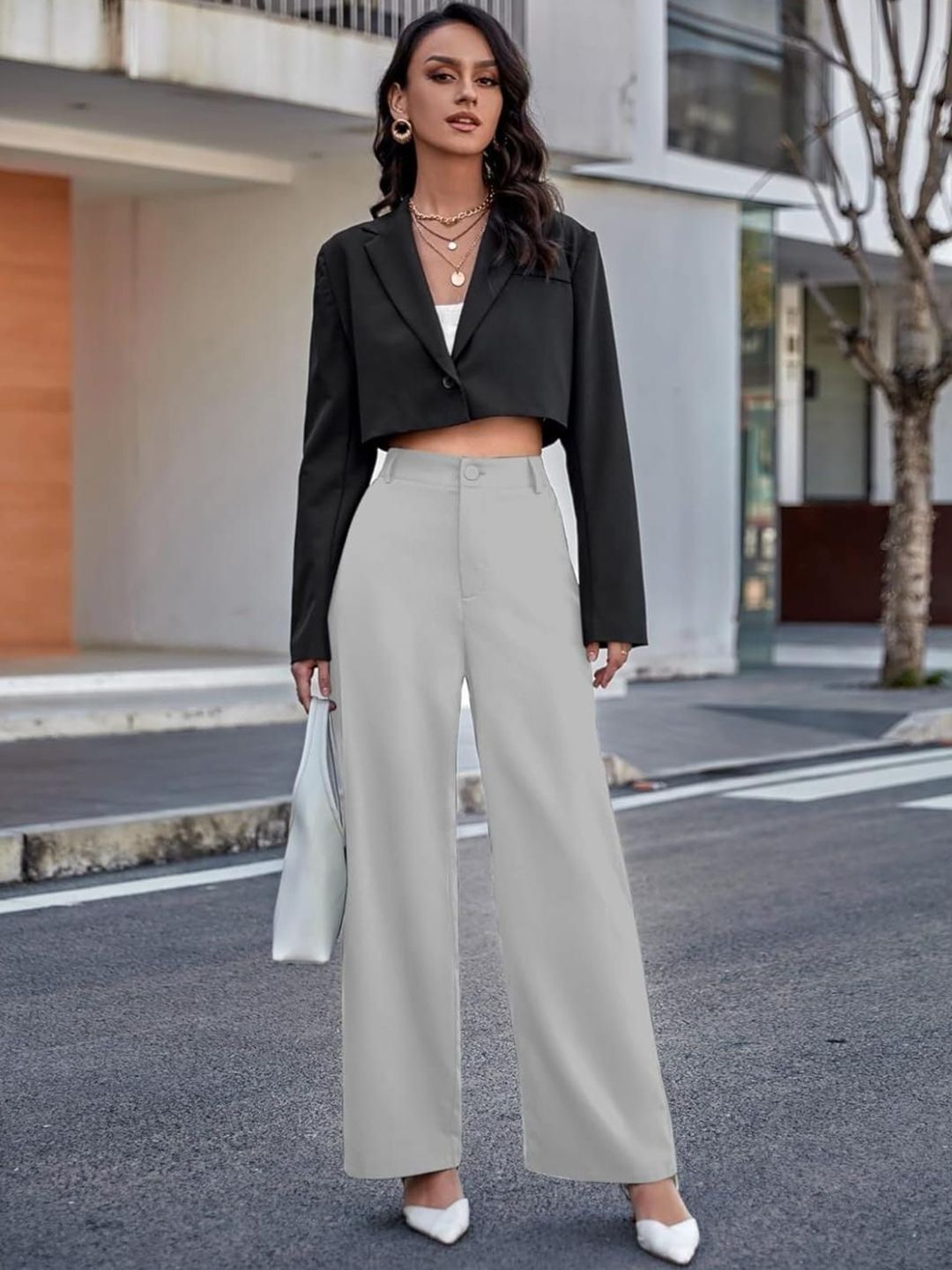 Women Straight Fit Grey Lycra Blend Trousers-image-32
