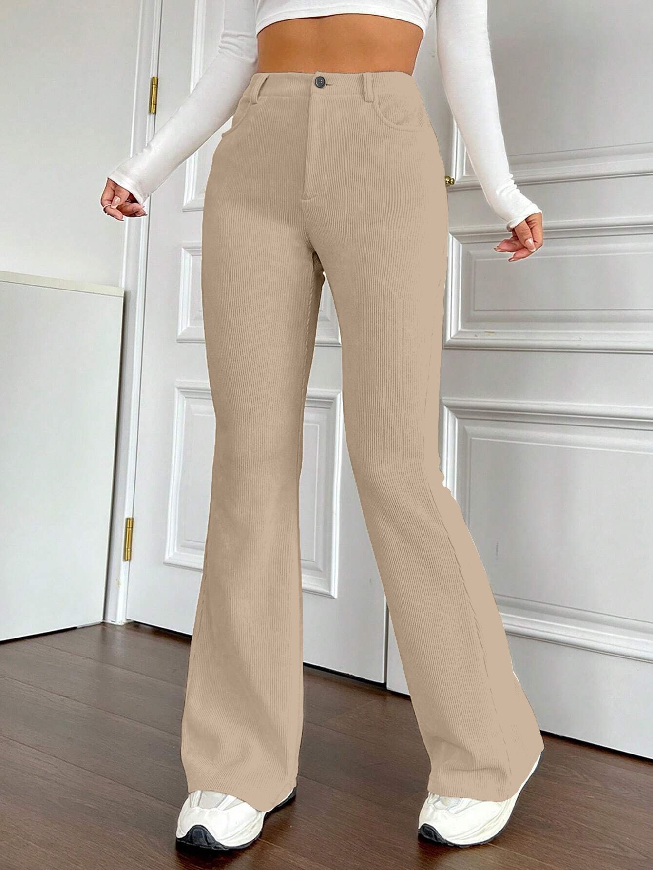 Women Slim Fit Cream Polyester Trousers-image-13