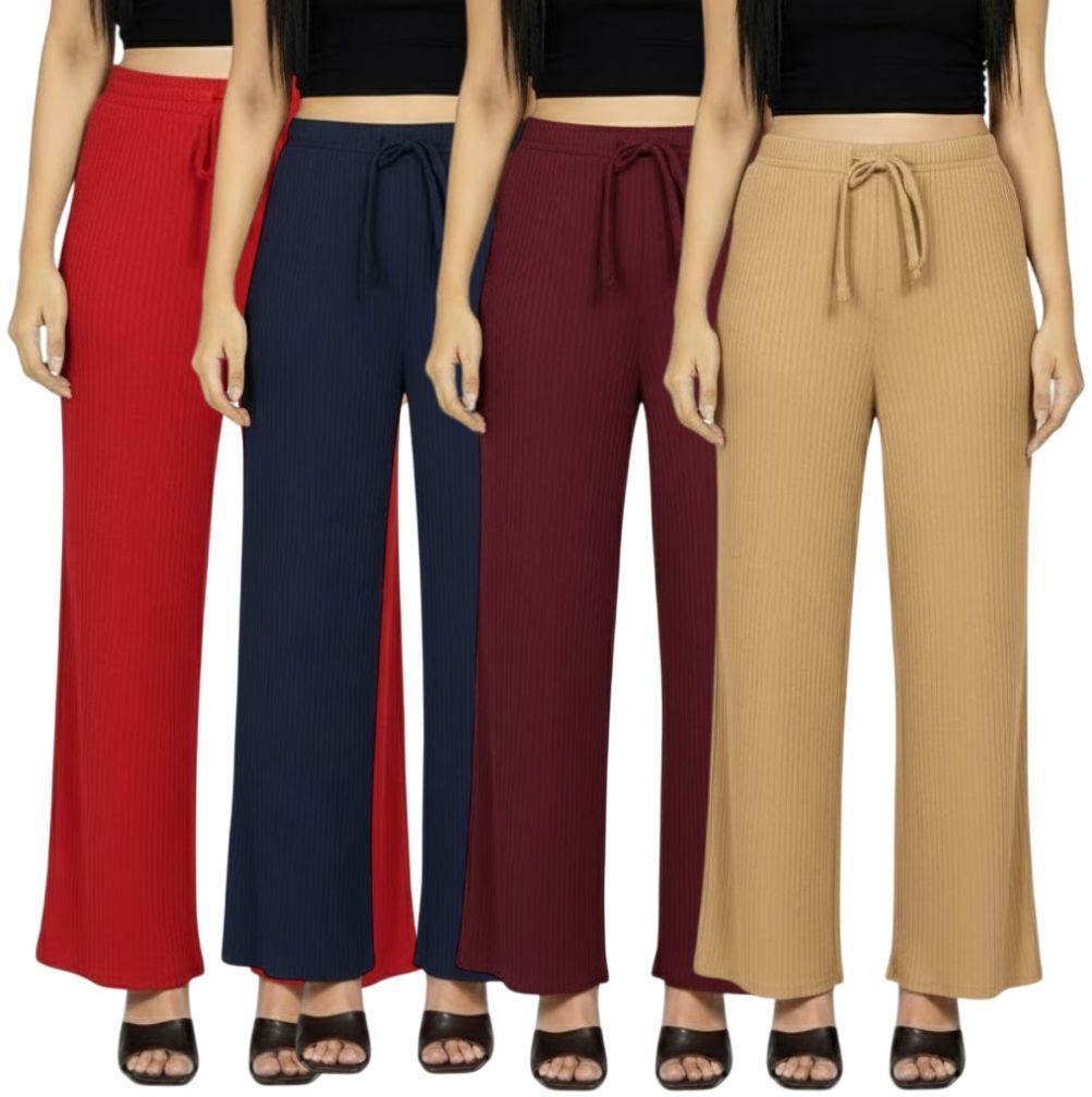 Pack of 4 Women Relaxed Multicolor Cotton Blend Trousers-image-47