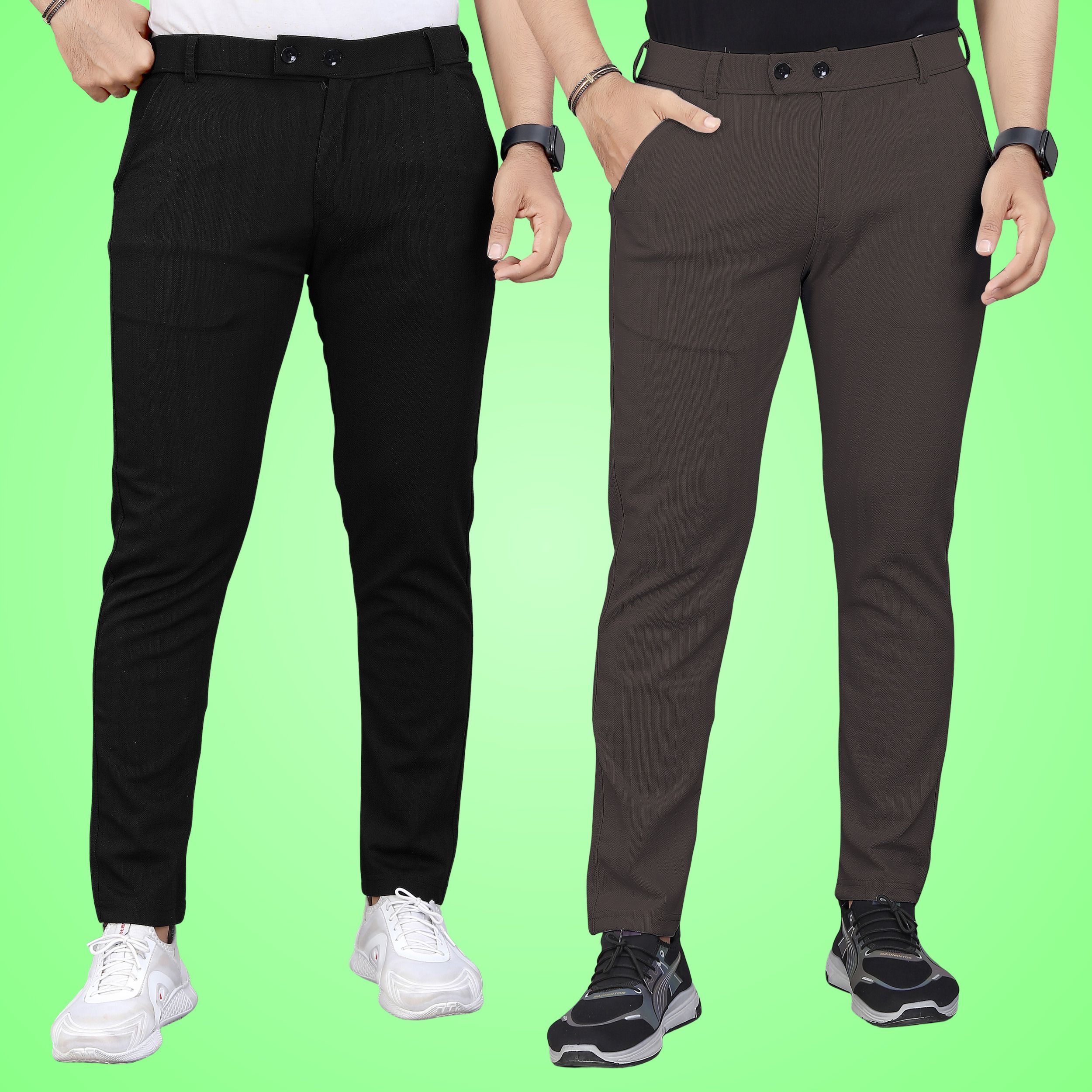 gibbonte Pack of 2 Men Regular Fit Black, Brown Cotton Blend Trousers-picture-23
