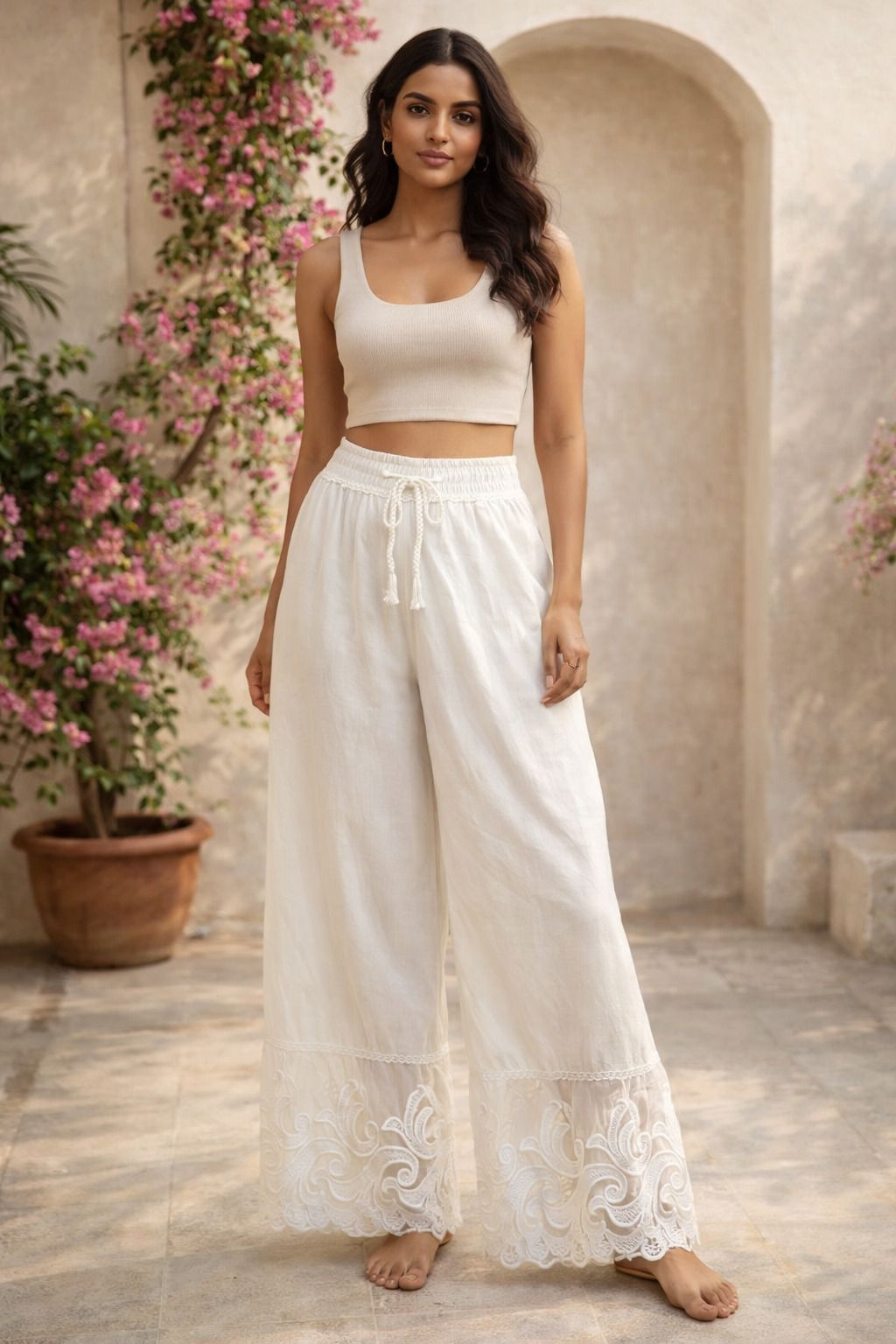 sana Women Loose Fit White Cotton Blend Trousers-picture-17
