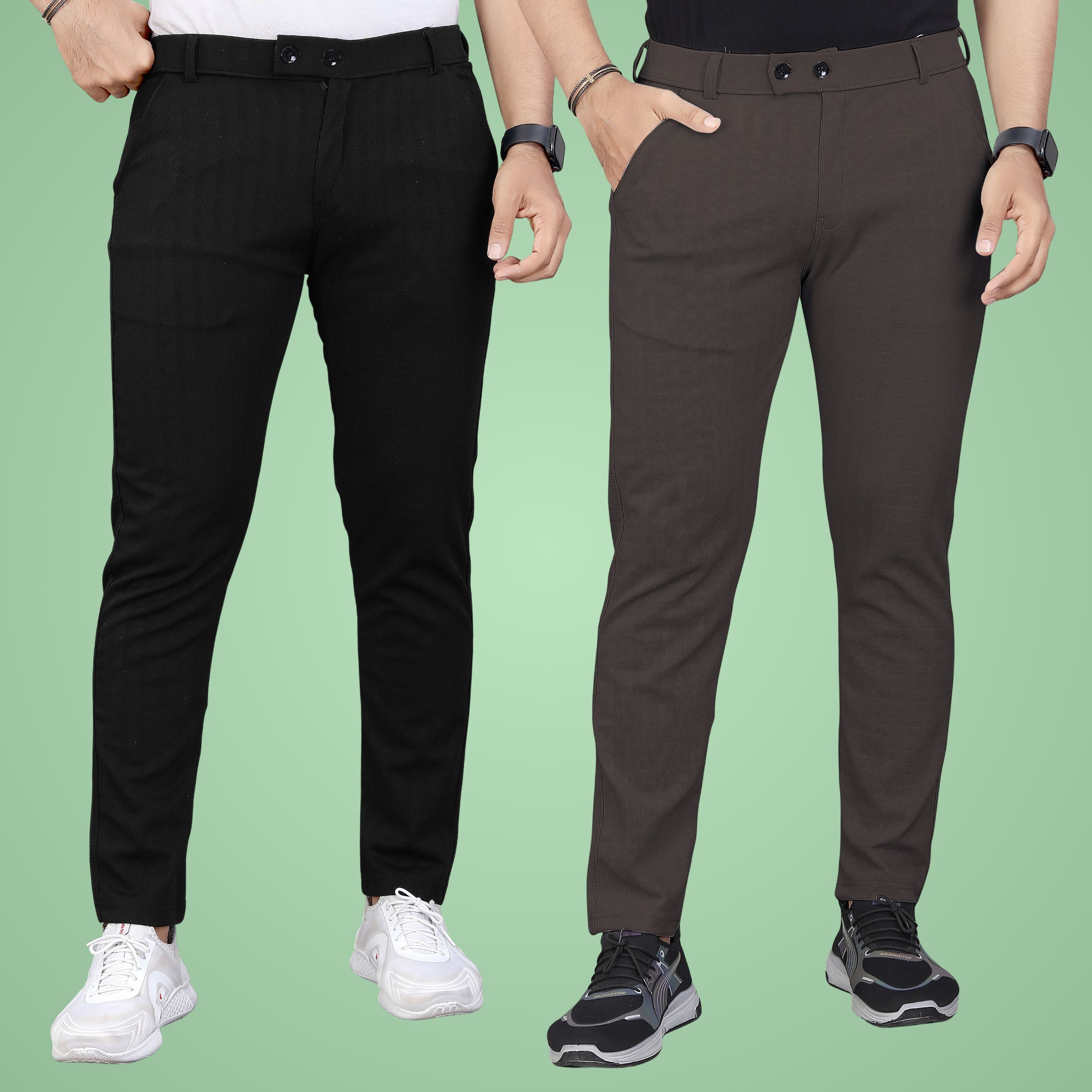 gibbonte Pack of 2 Men Regular Fit Black, Brown Cotton Blend Trousers-picture-38