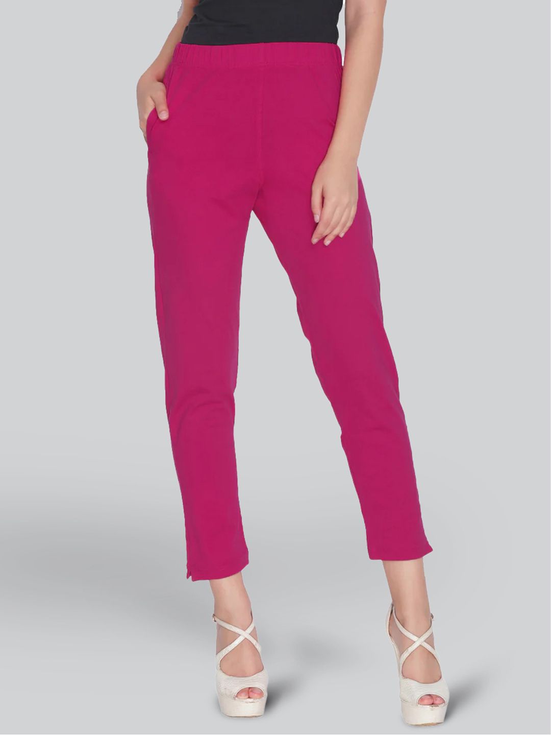 Women Slim Fit Pink Cotton Blend Trousers-image-24