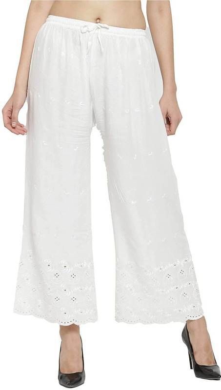 Women Regular Fit White Cotton Silk Trousers-image-49