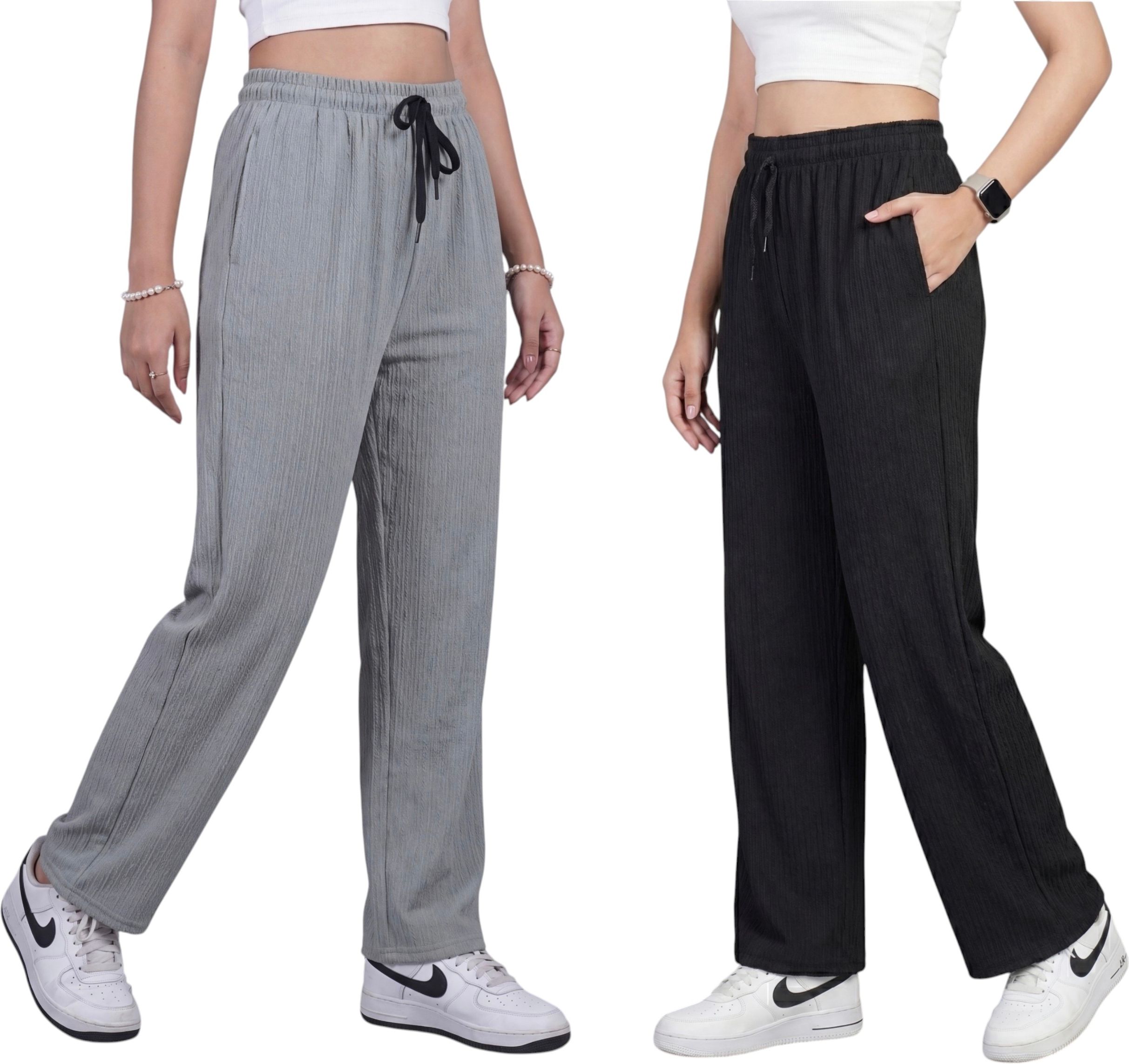 dkd Pack of 2 Women Loose Fit, Relaxed Black, Grey Lycra Blend Trousers-picture-1