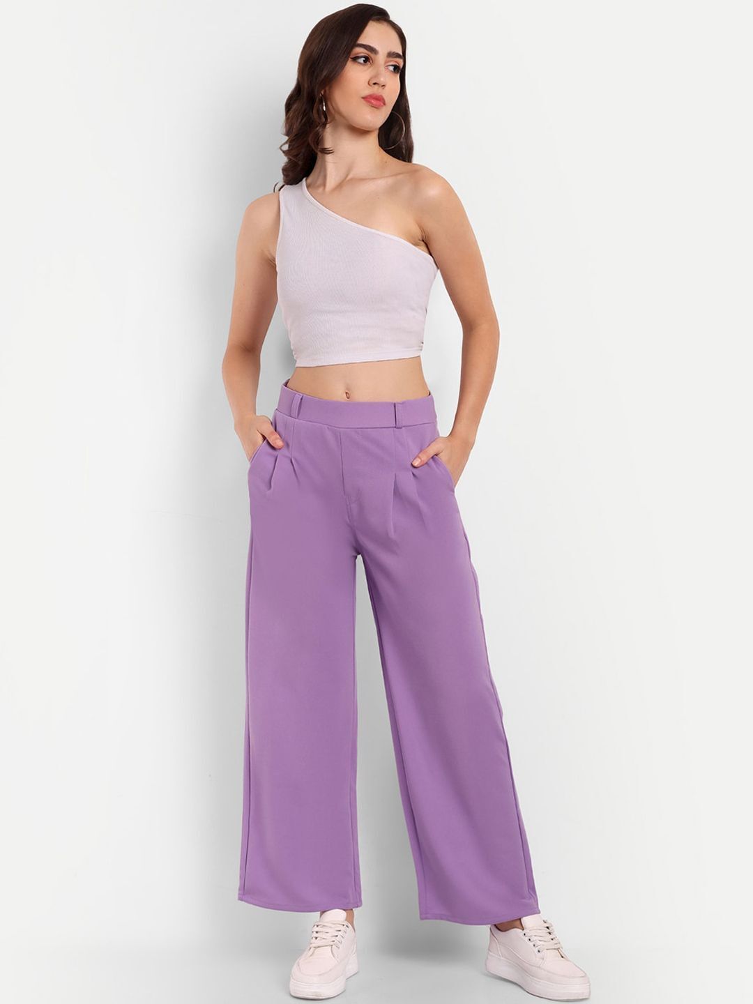Women Straight Fit Purple Polyester Trousers-image-28