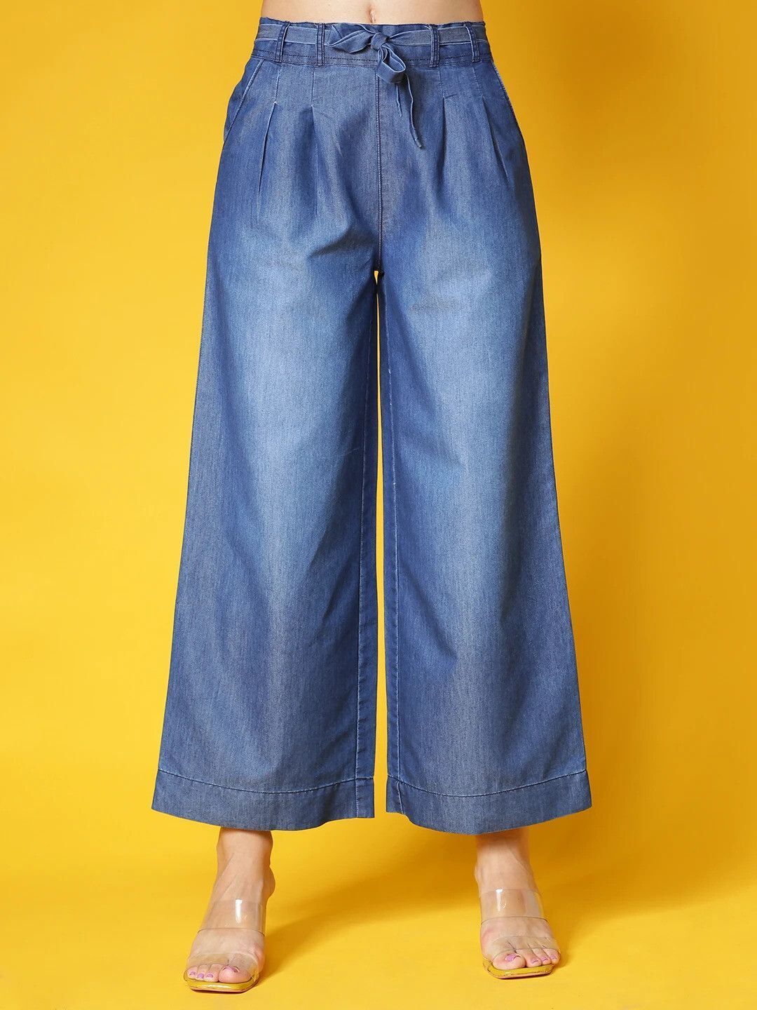 Women Flared Blue Cotton Blend Trousers
