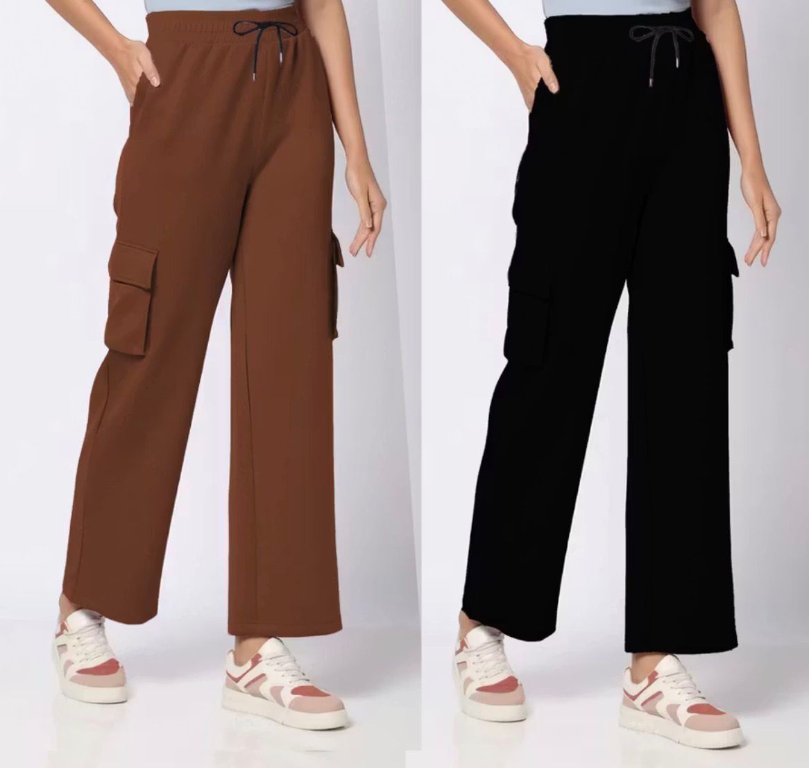 dresvia Pack of 2 Women Loose Fit Black, Brown Cotton Blend Trousers-picture-42