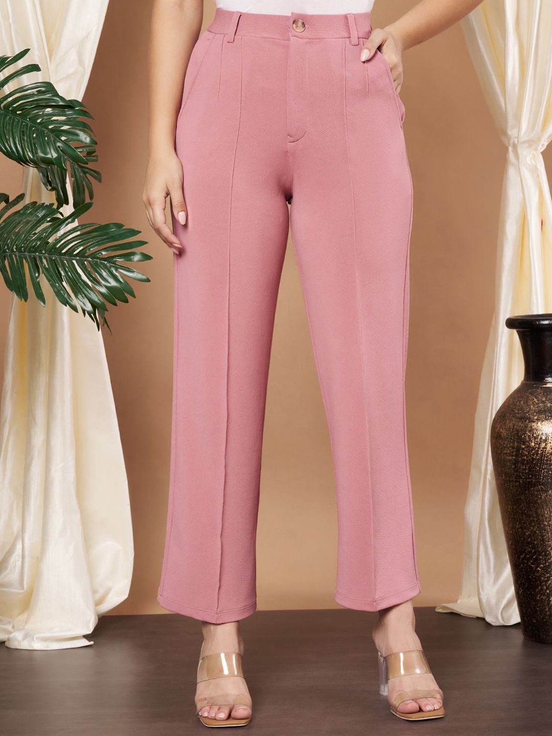 slenor Women Regular Fit Pink Viscose Rayon Trousers-picture-12