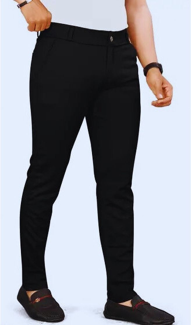 Men Slim Fit Black Lycra Blend Trousers-image-35