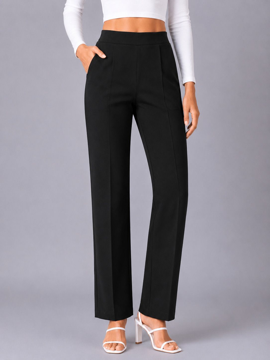 lukra Women Straight Fit Black Lycra Blend Trousers-picture-17