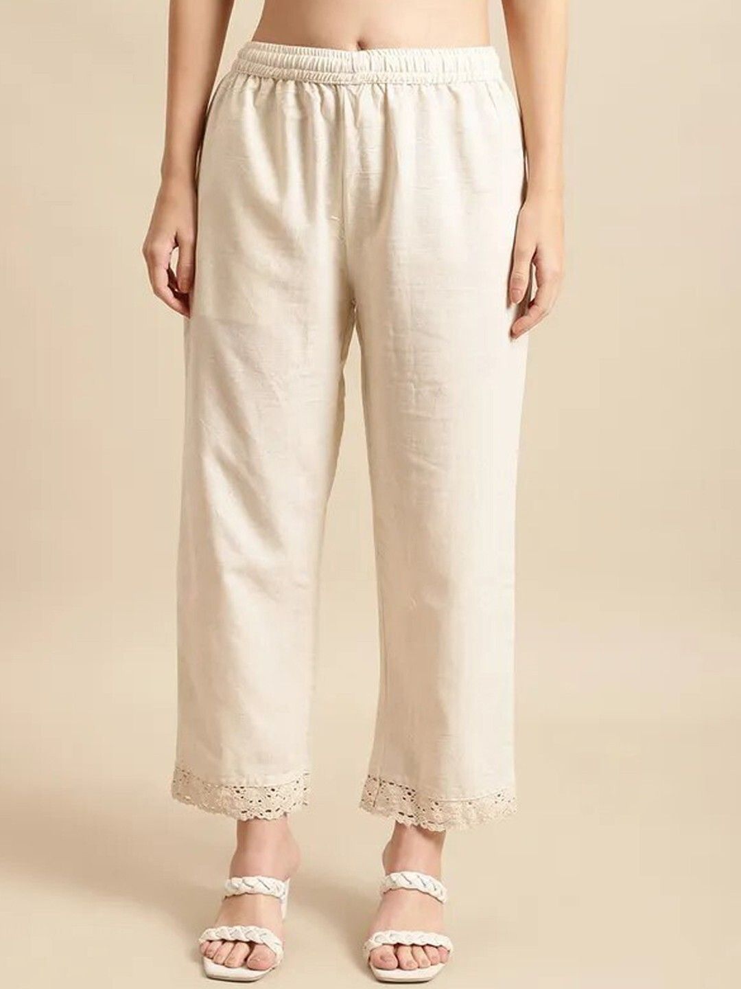 kbz Women Regular Fit Cream Cotton Blend Trousers-picture-16