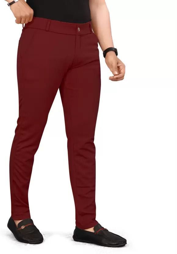 Men Slim Fit Maroon Lycra Blend Trousers-image-24