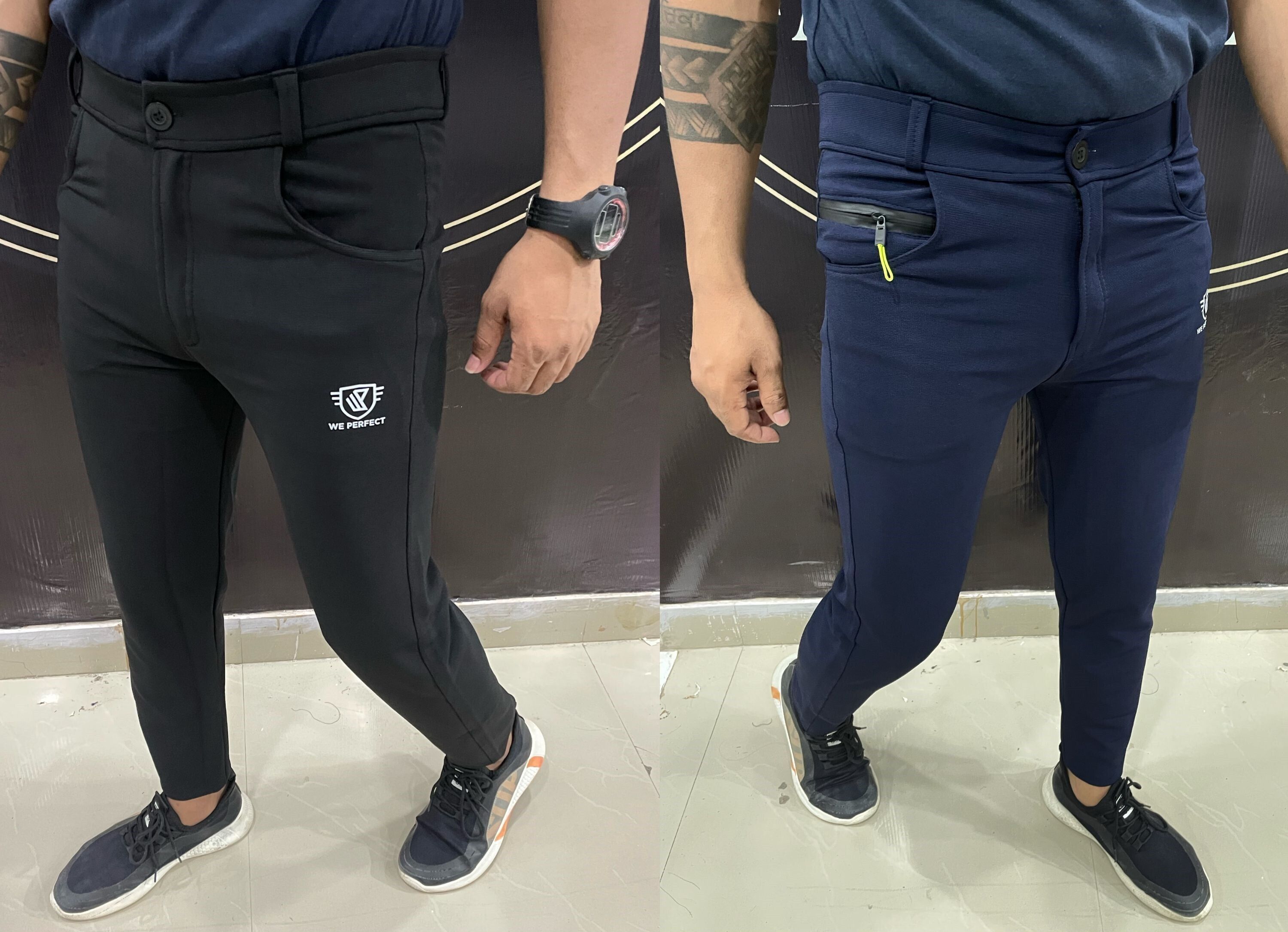 we perfect Pack of 2 Men Slim Fit Black, Blue Lycra Blend Trousers-picture-11