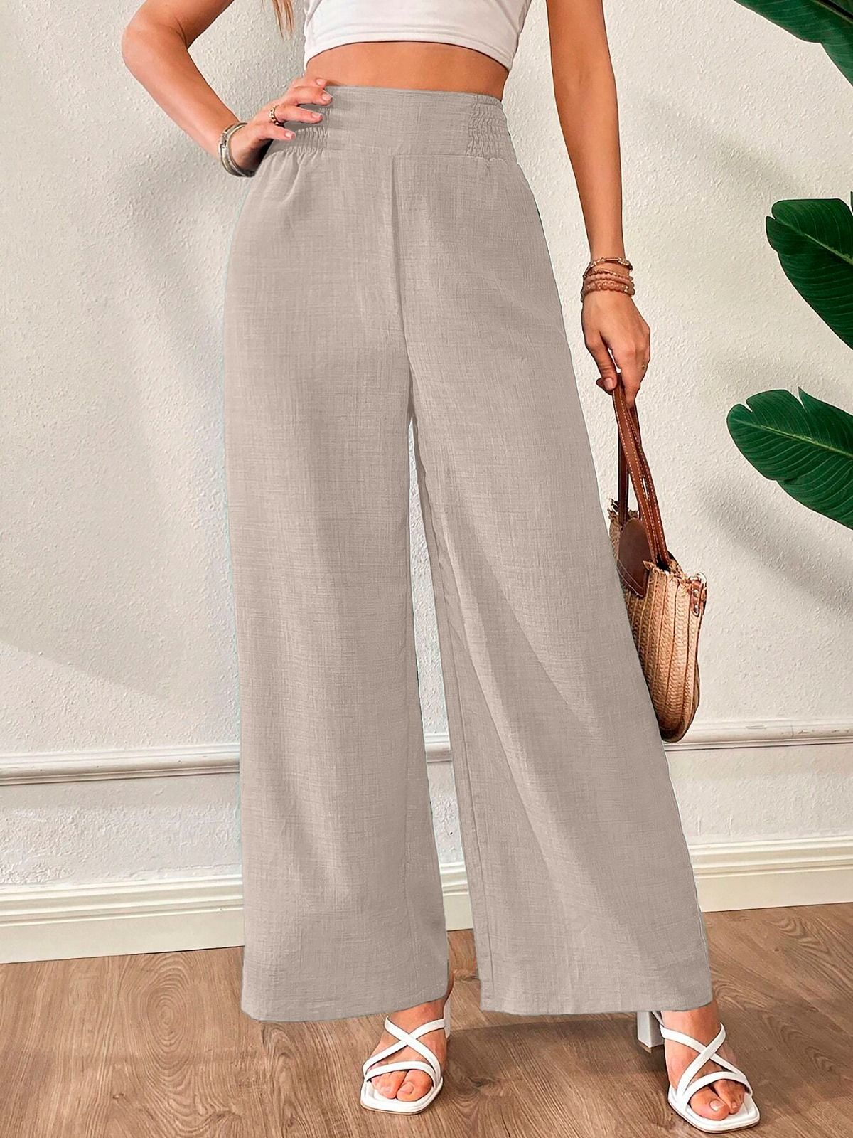 Women Loose Fit Cream Viscose Rayon Trousers-image-20