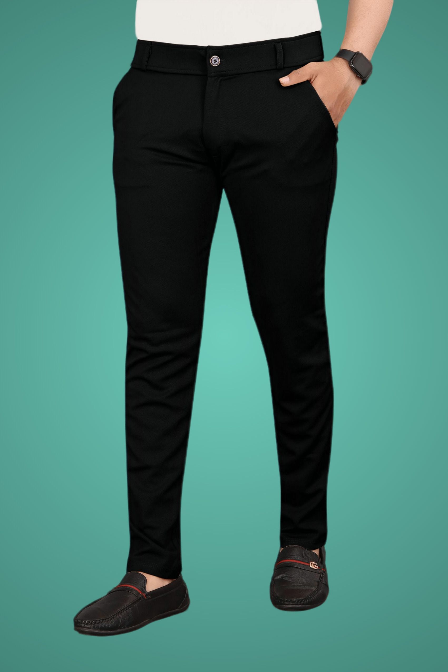 Men Slim Fit Black Lycra Blend Trousers-image-37