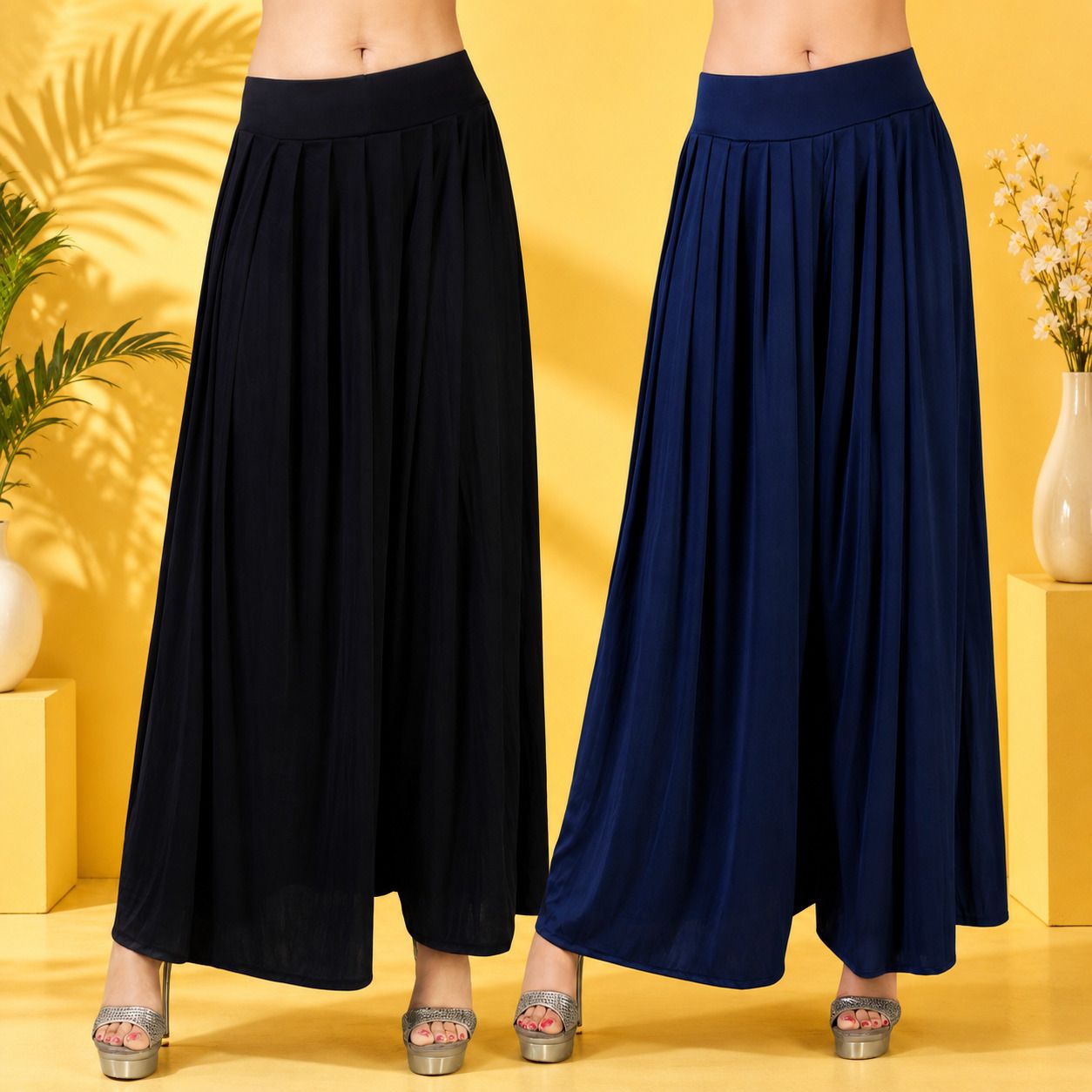 Pack of 2 Women Flared Black, Dark Blue Lycra Blend Trousers-image-16