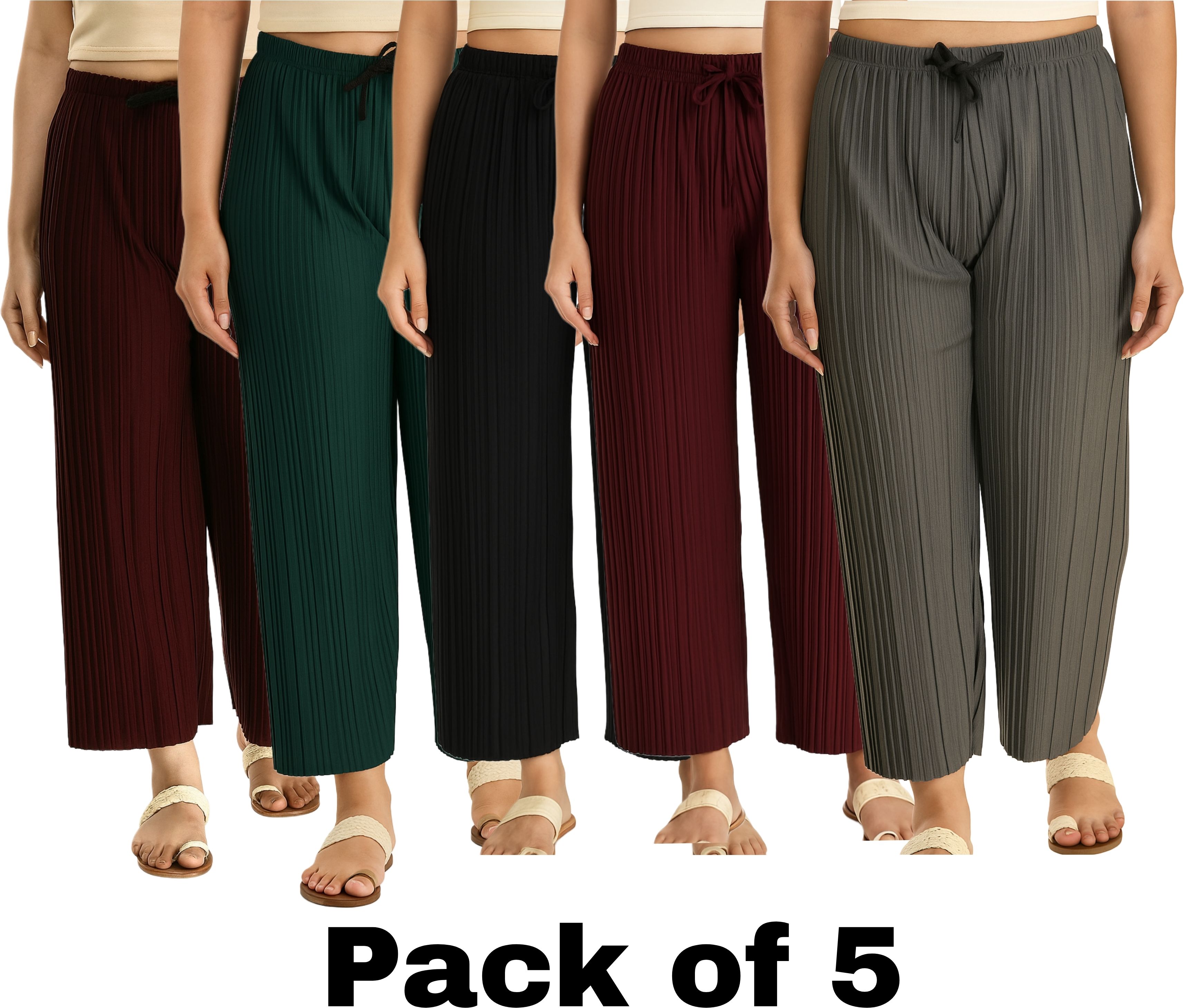 Pack of 5 Women Comfort Fit Multicolor Polyester Trousers-image-2
