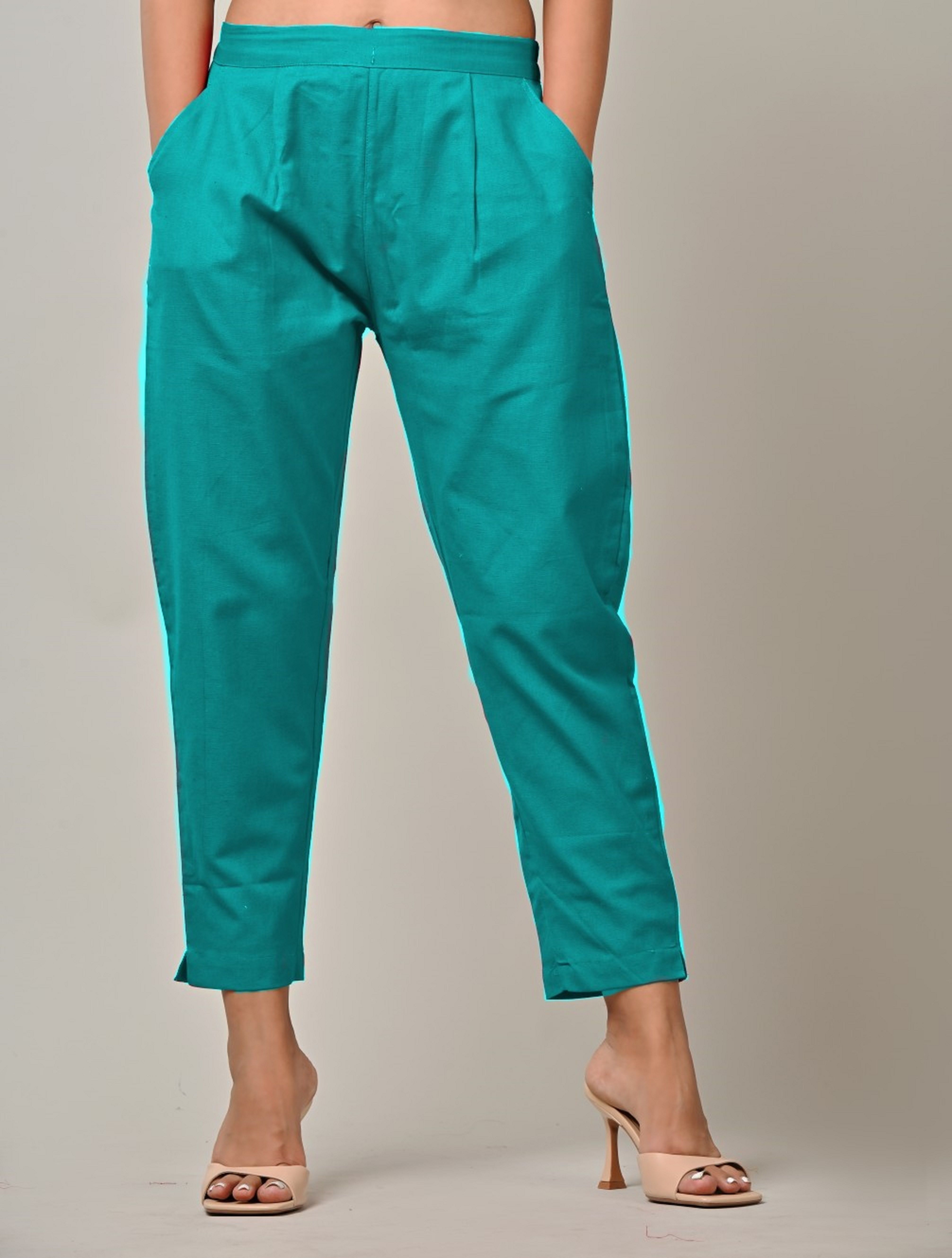 Women Regular Fit Light Blue Pure Cotton Trousers-image-10