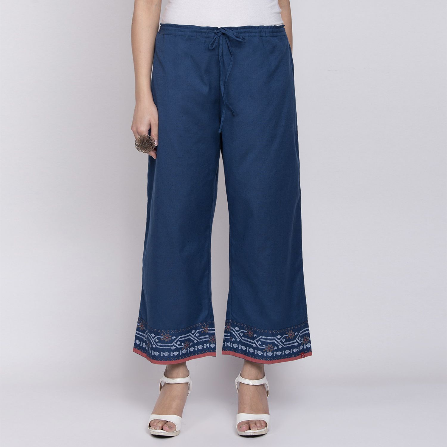 biba Women Relaxed Dark Blue Cotton Blend Trousers-picture-26