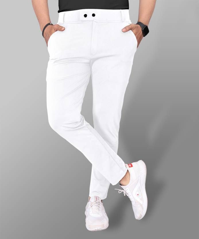 Men Relaxed White Cotton Blend Trousers