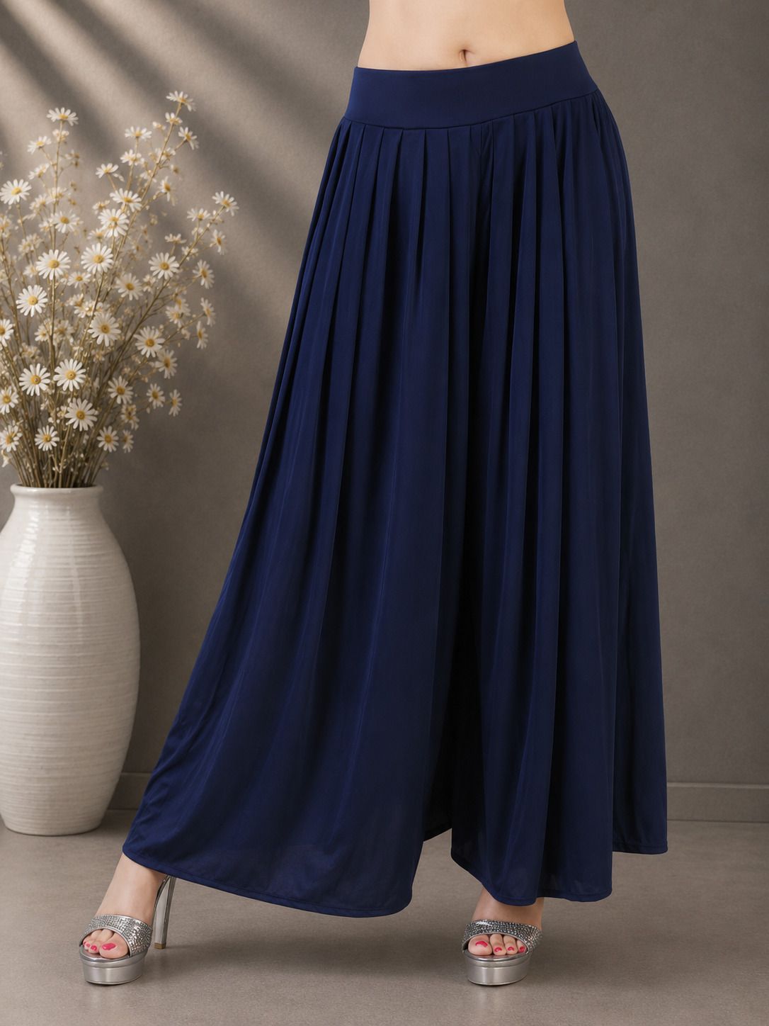 Women Flared Dark Blue Lycra Blend Trousers-image-46