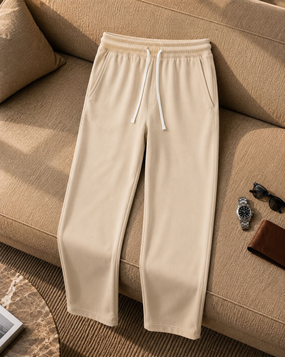 Loose Fit Men Beige Cotton Blend Trousers-image-39