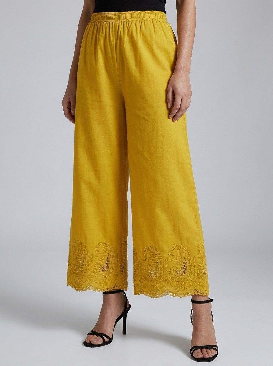 Women Flared Yellow Pure Cotton Trousers-image-28
