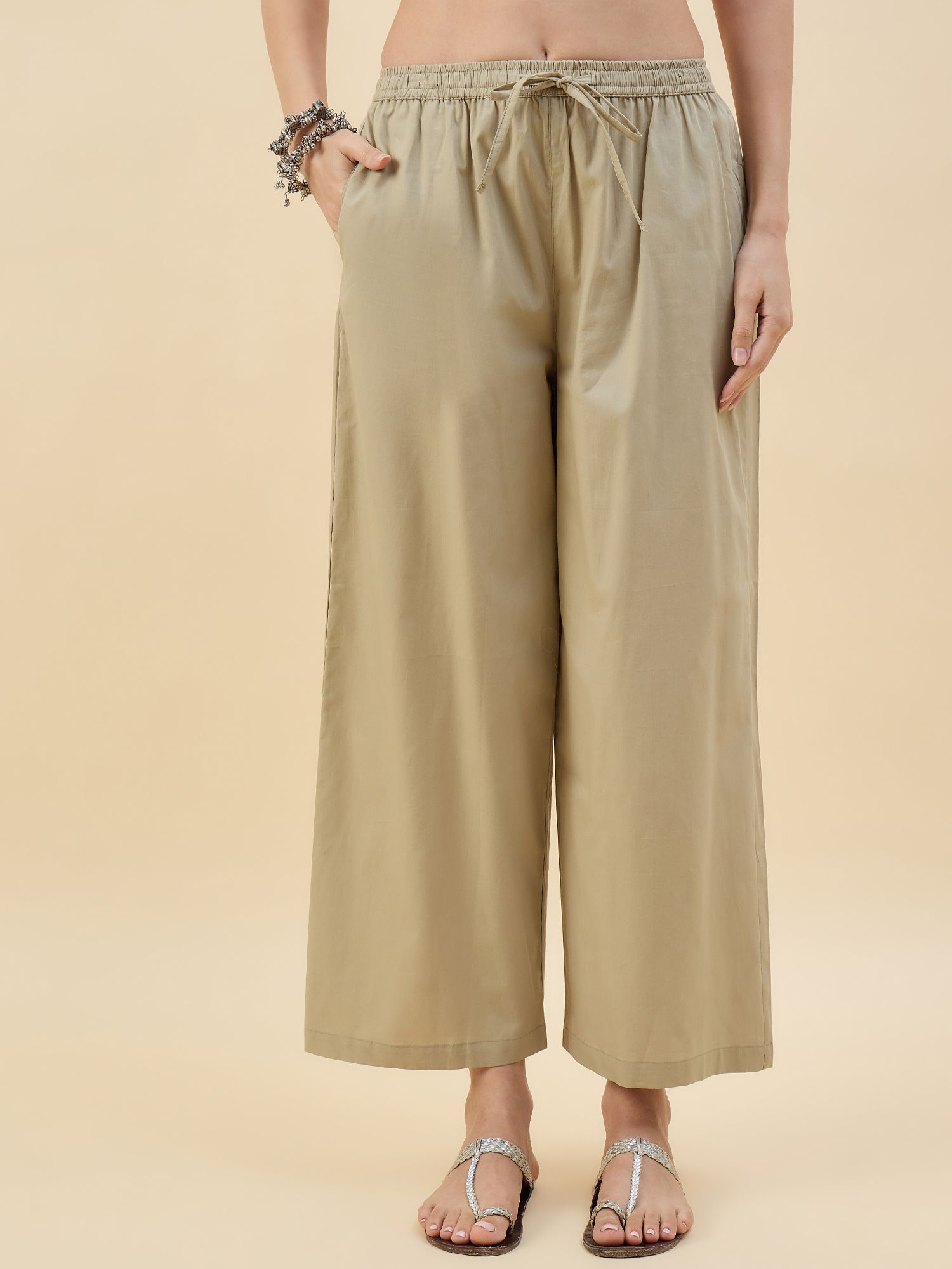Women Regular Fit Beige Pure Cotton Trousers