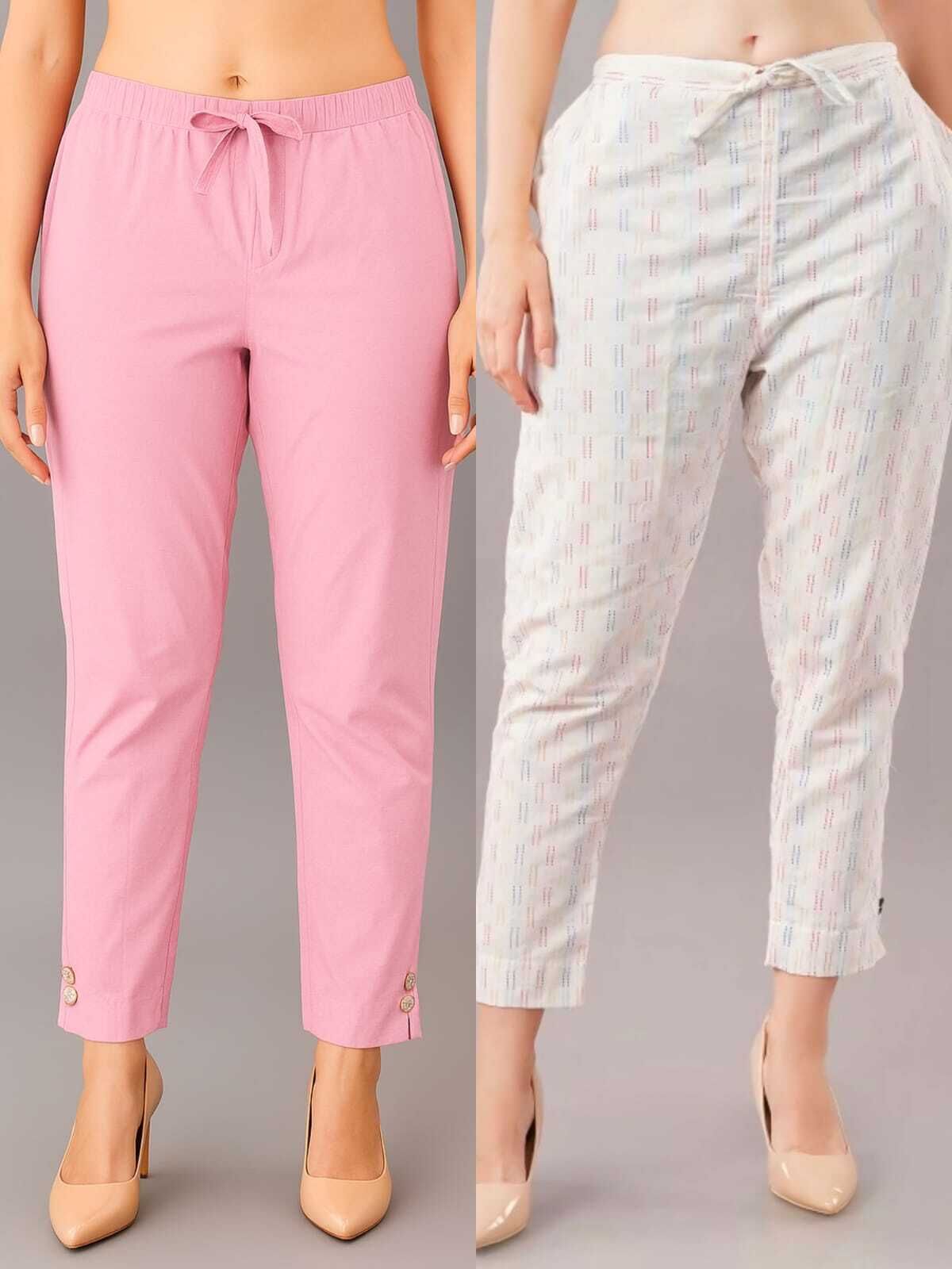 Pack of 2 Women Slim Fit Pink, White Cotton Blend Trousers-image-19