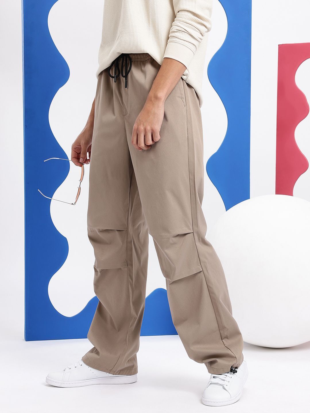 Men Relaxed Brown Polyester Trousers