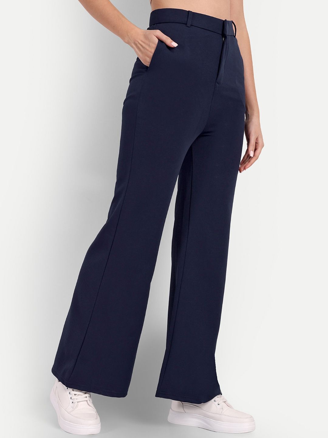 Women Flared Blue Viscose Rayon Trousers-image-0