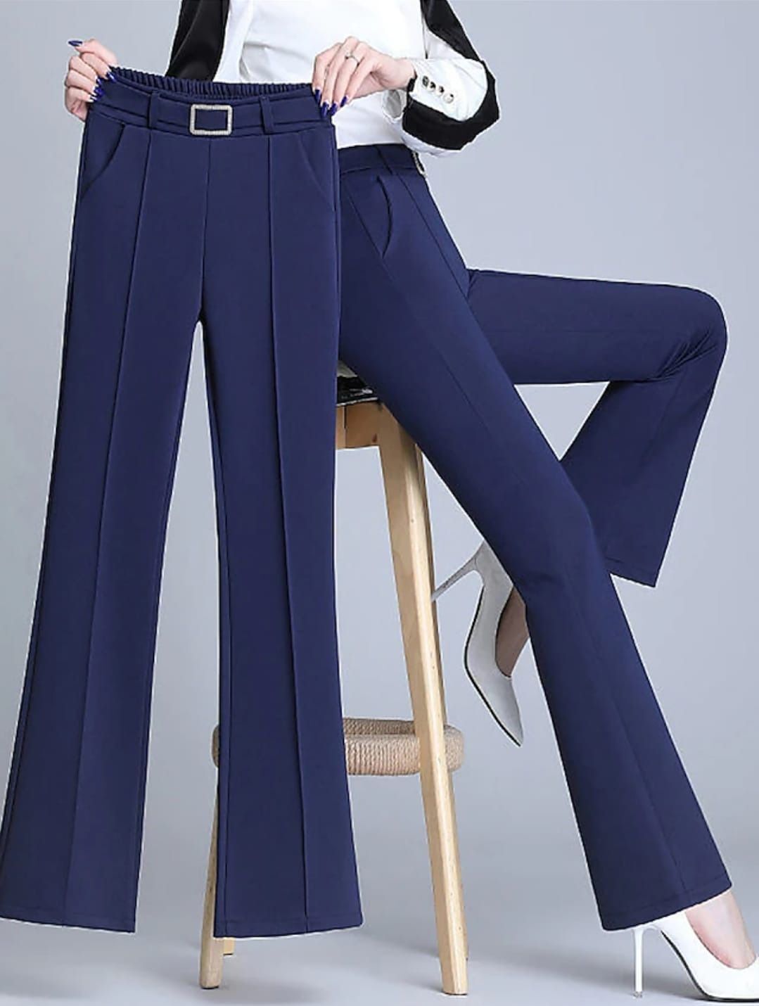next one Women Flared Blue Lycra Blend Trousers-picture-35