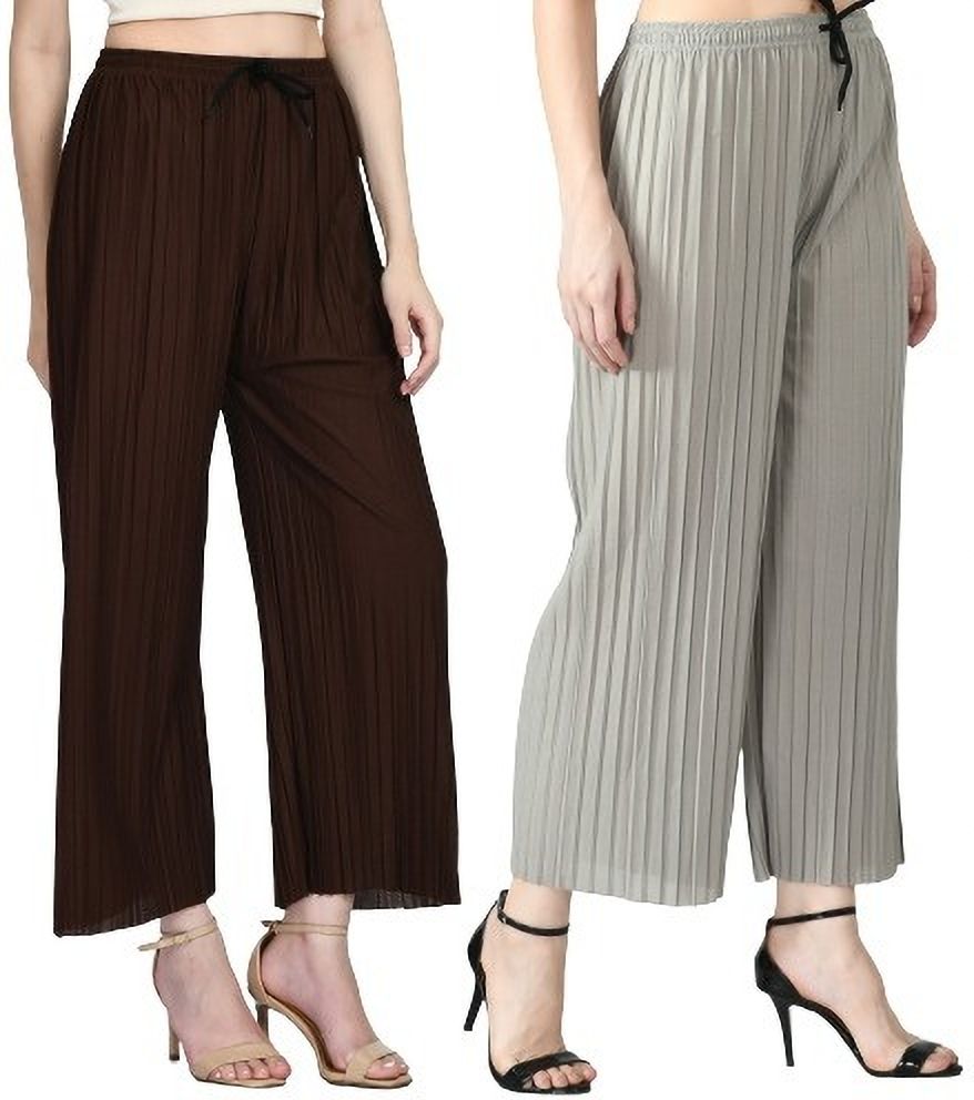 Pack of 2 Women Regular Fit Brown, Silver Lycra Blend Trousers-image-42