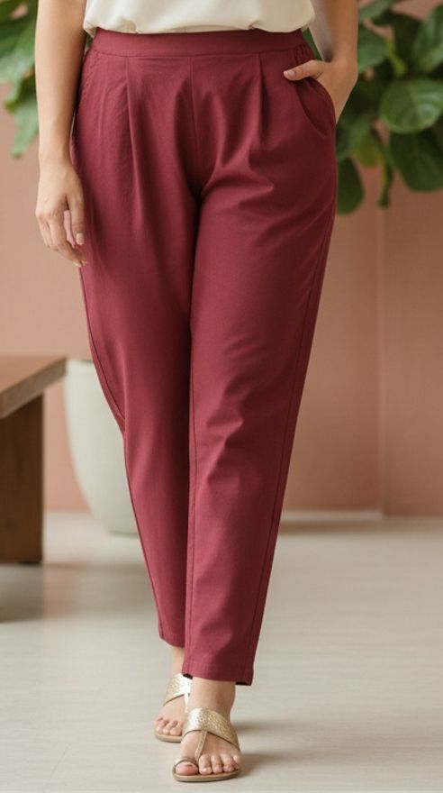 Women Regular Fit Maroon Pure Cotton Trousers-image-13
