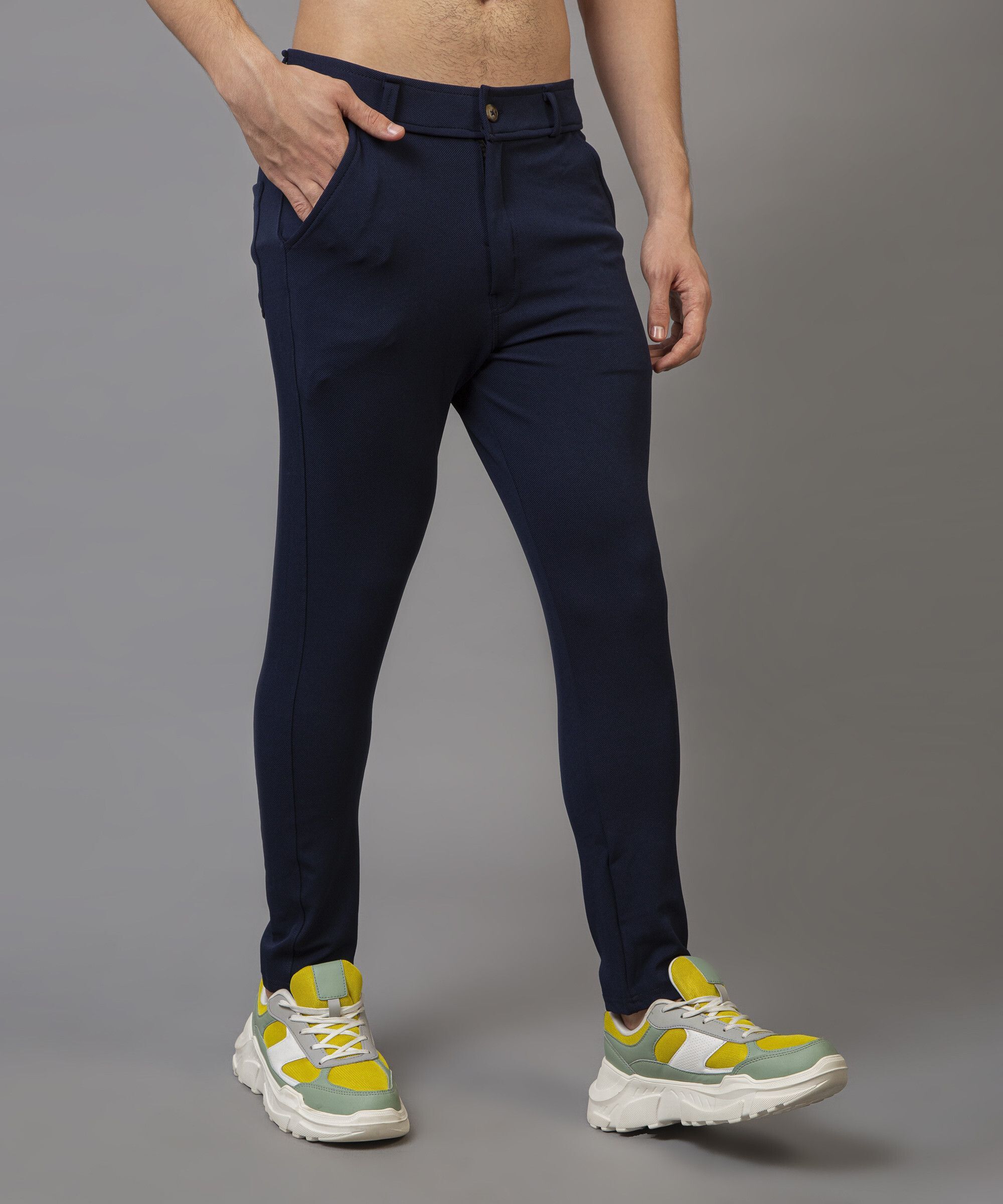 Men Slim Fit Blue Lycra Blend Trousers-image-15