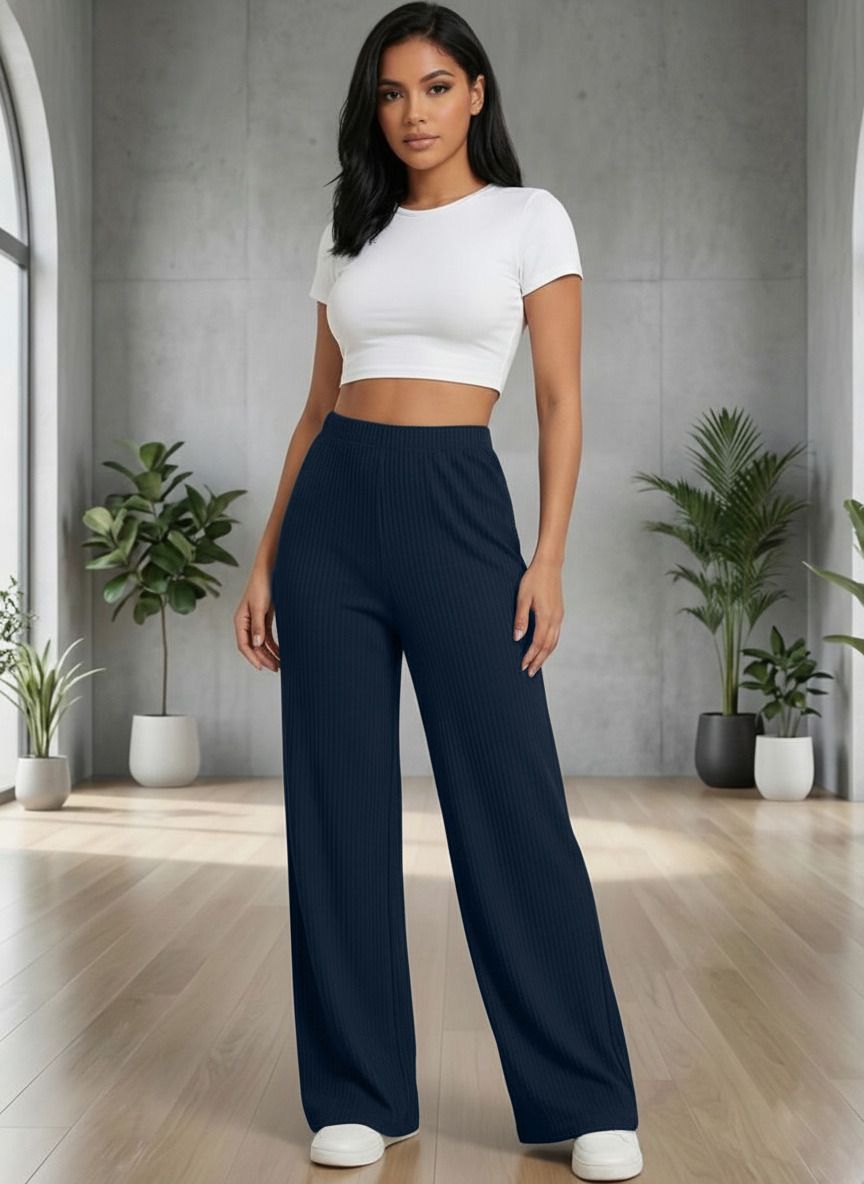 Women Relaxed Dark Blue Cotton Blend Trousers-image-43