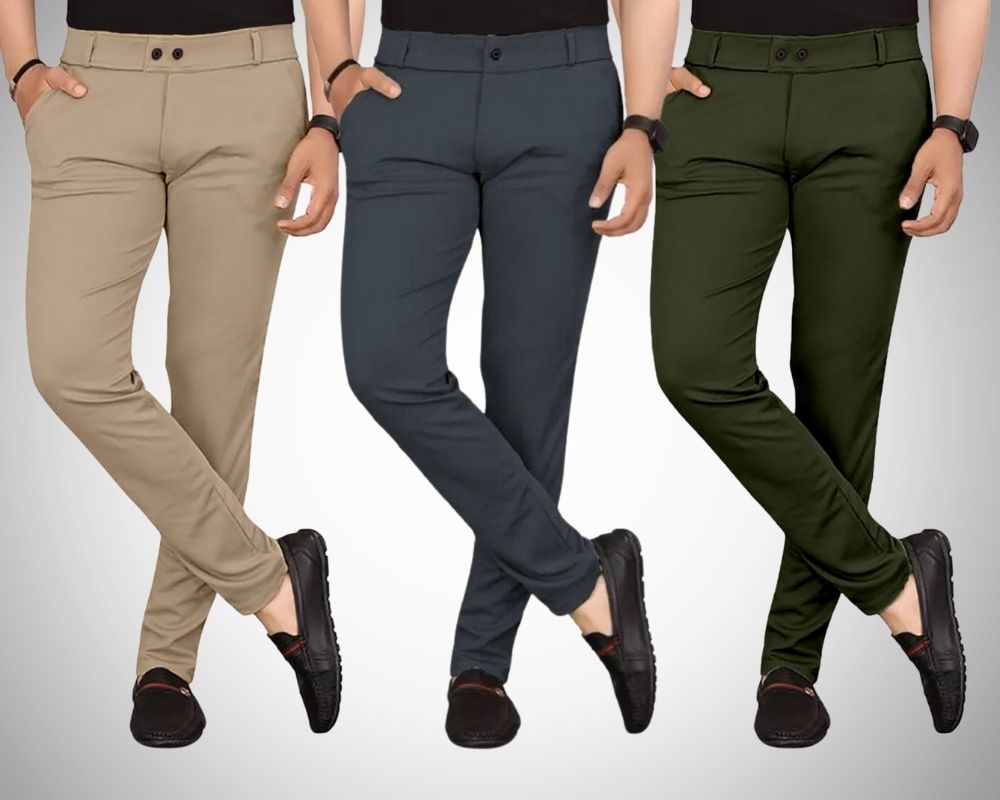 chartou Pack of 3 Men Regular Fit Multicolor Lycra Blend Trousers-picture-11