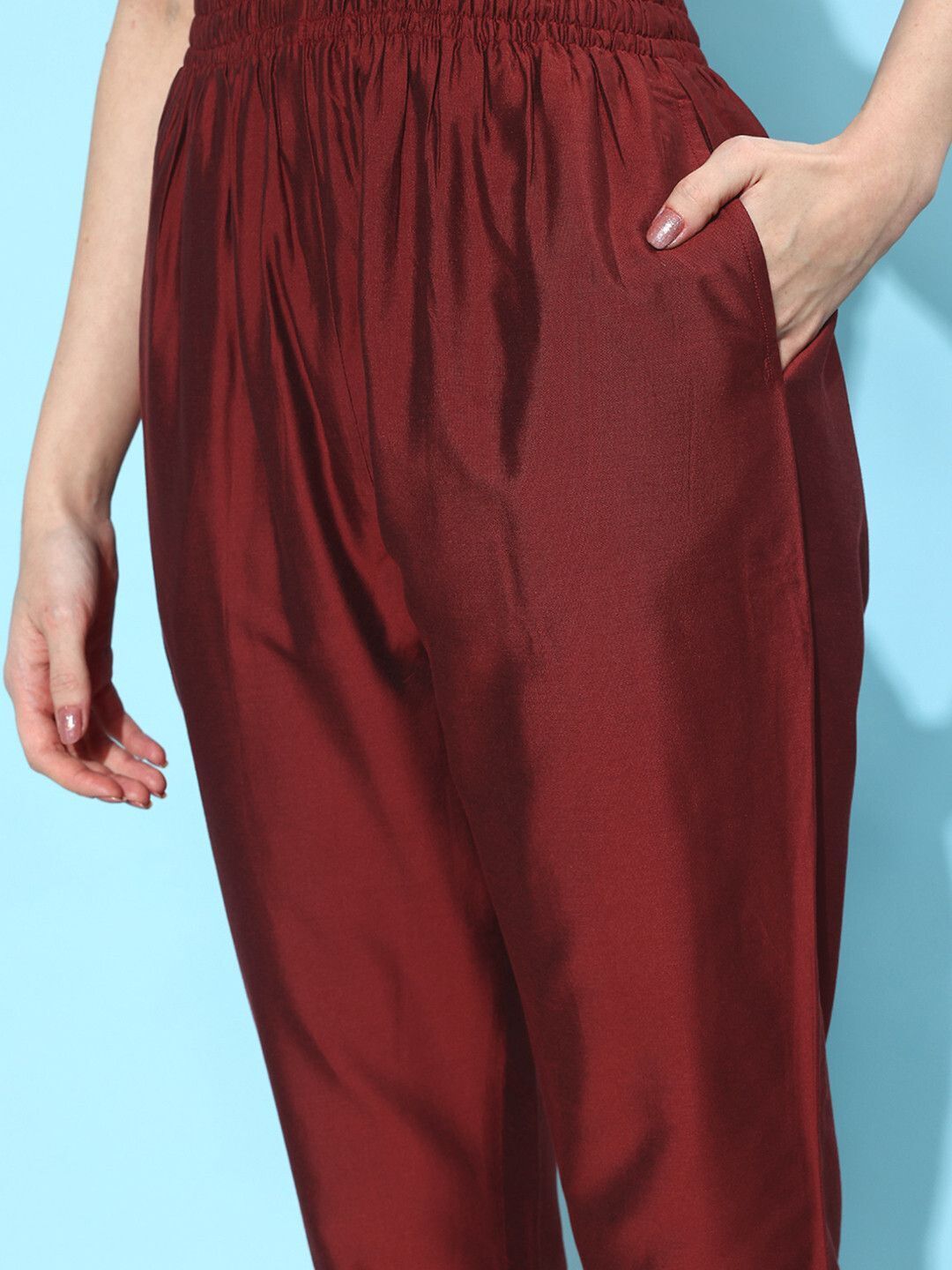 libas Women Regular Fit Maroon Silk Blend Trousers-picture-14