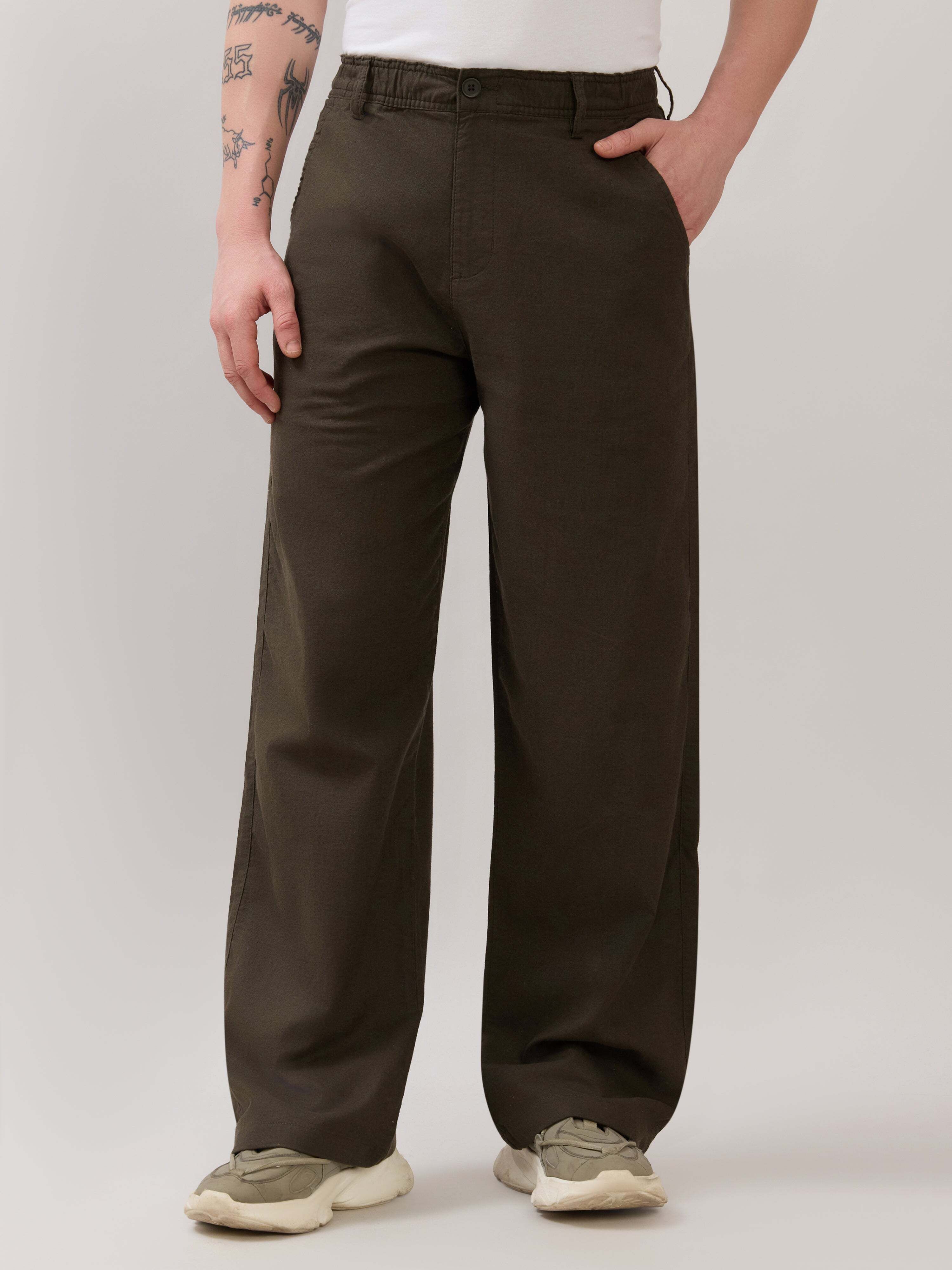 espanshe Men Loose Fit Green Linen Blend Trousers-picture-31