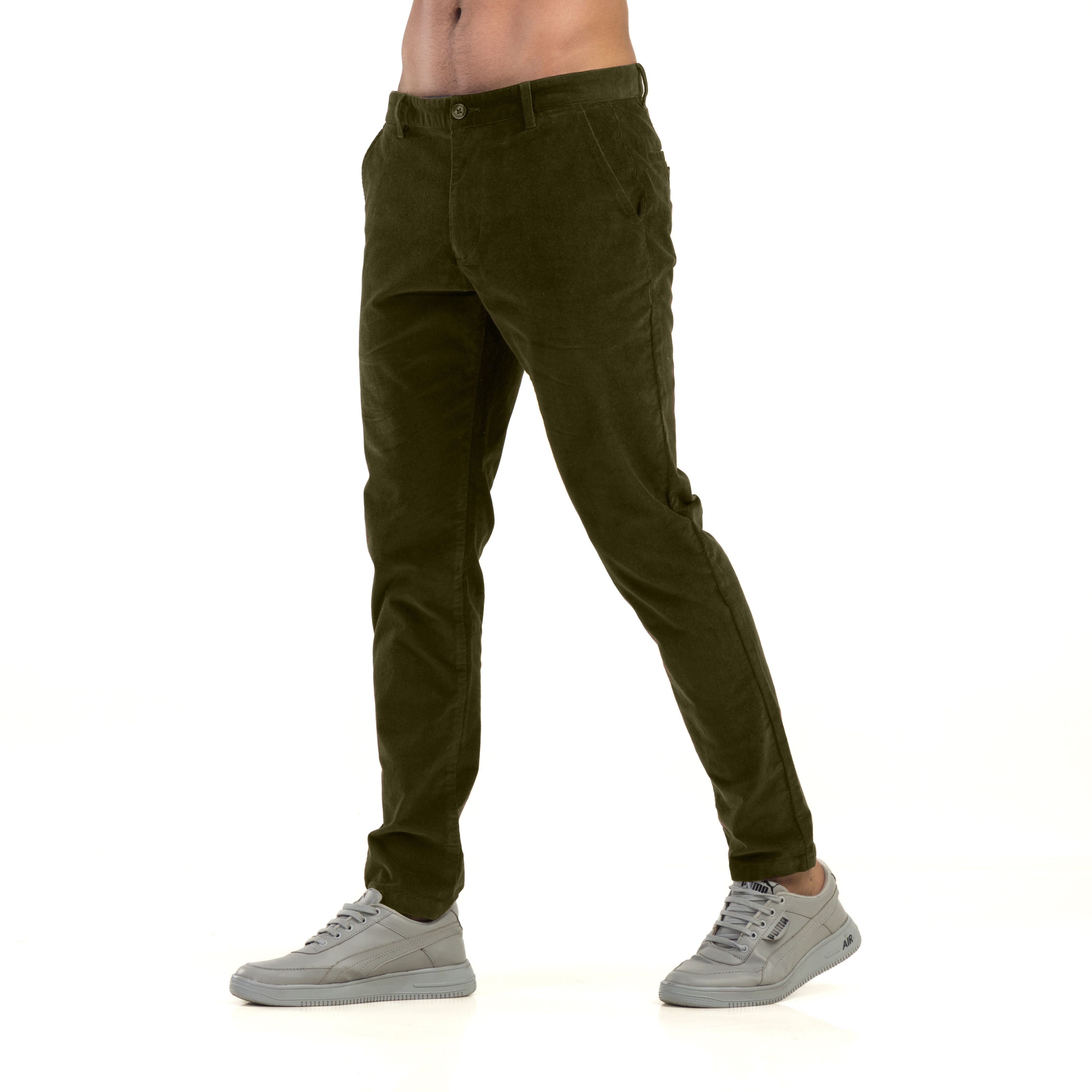 Men Slim Fit Dark Green Corduroy Trousers-image-49
