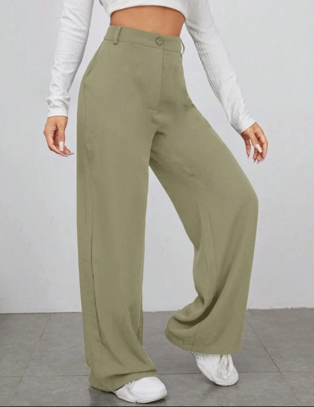 Women Straight Fit Green Polyester Trousers-image-4
