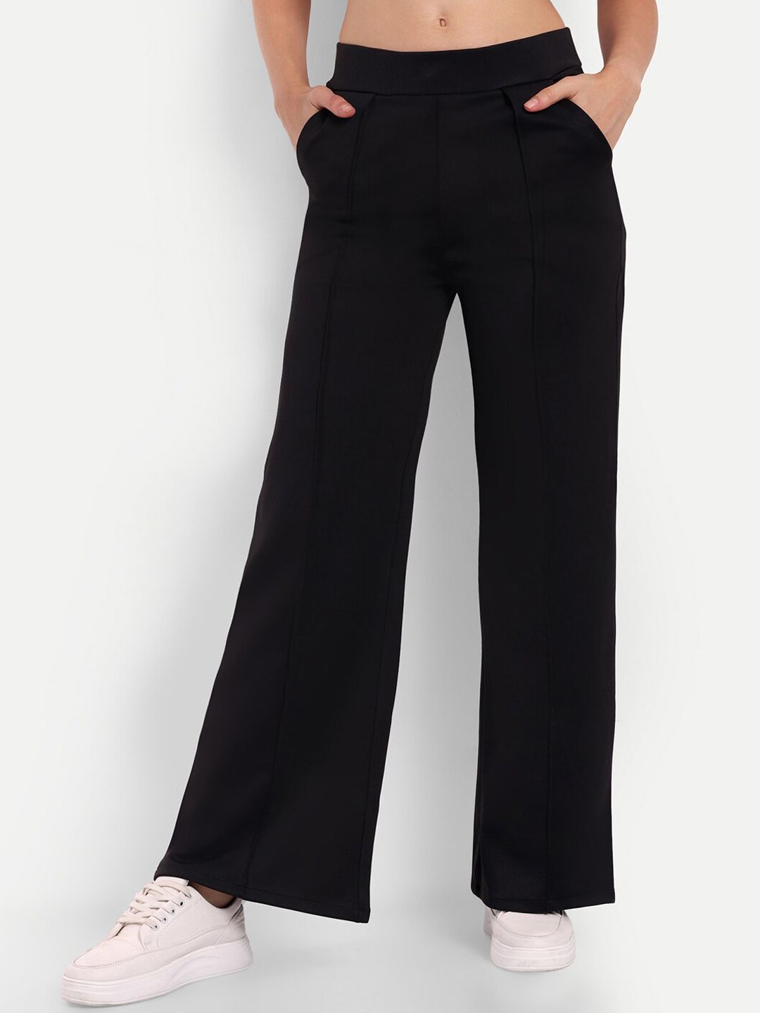 Women Loose Fit Black Lycra Blend Trousers-image-47