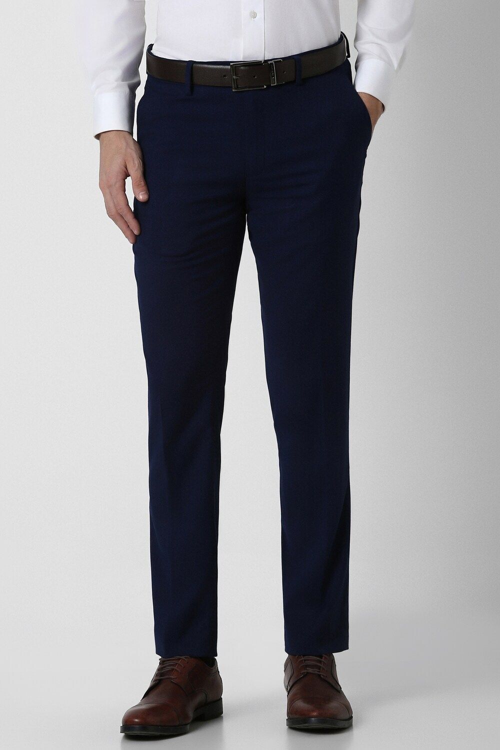 Men Slim Fit Dark Blue Polyester Trousers-image-39