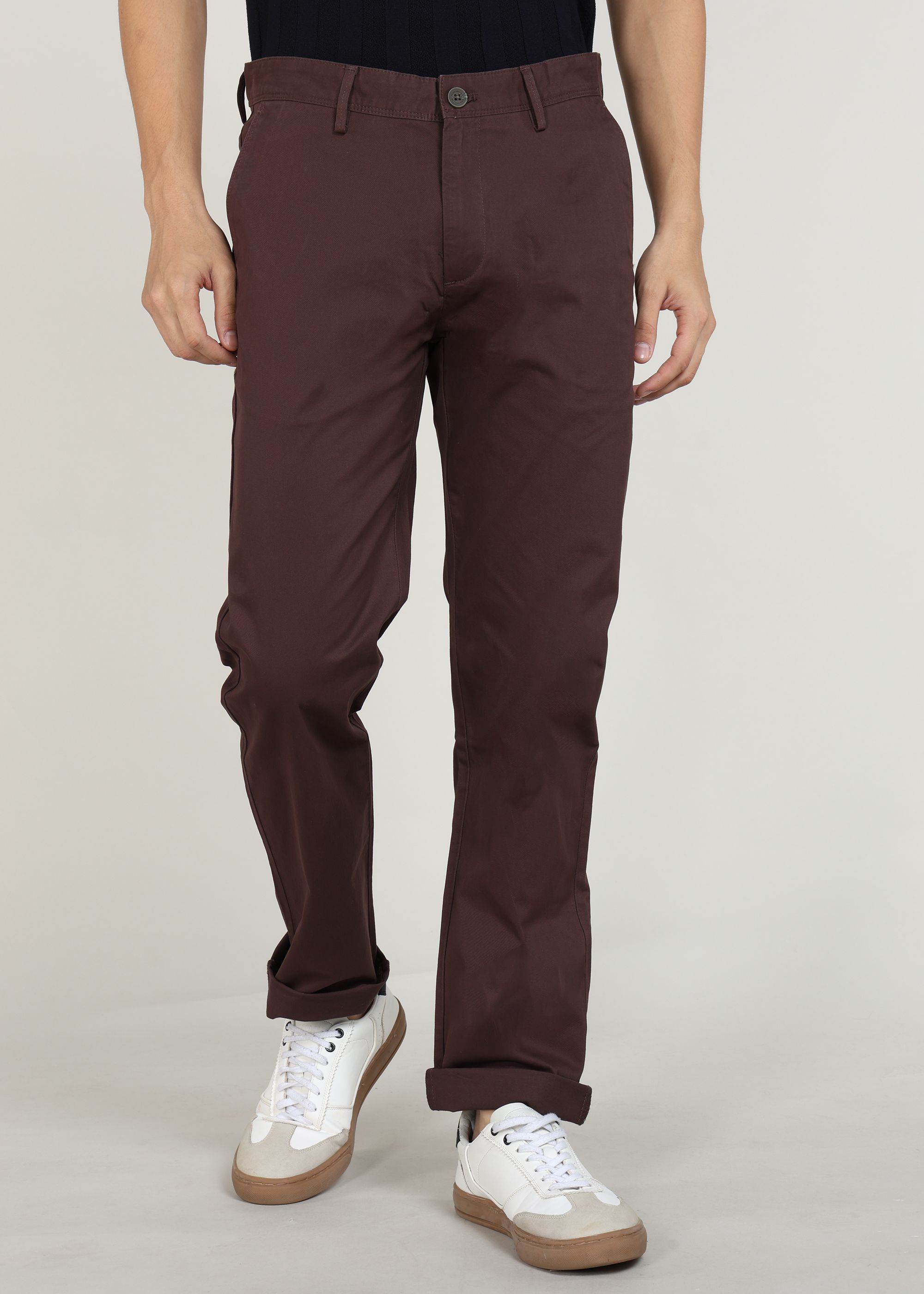 peter england Men Slim Fit Brown Pure Cotton Trousers-picture-34