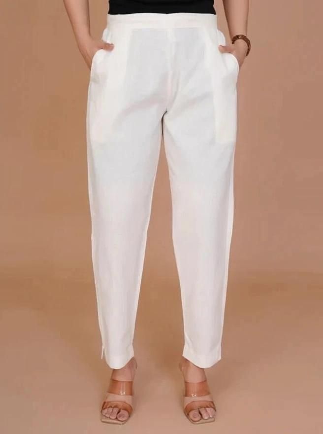 Women Regular Fit White Pure Cotton Trousers-image-32