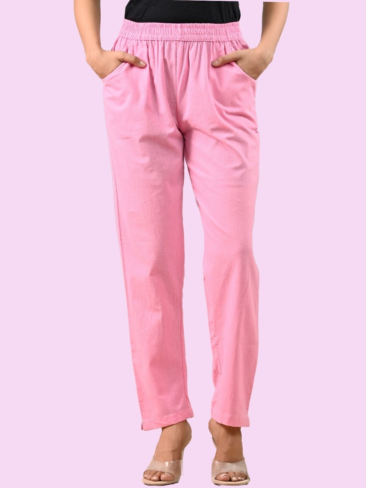 Women Regular Fit Pink Cotton Blend Trousers-image-27