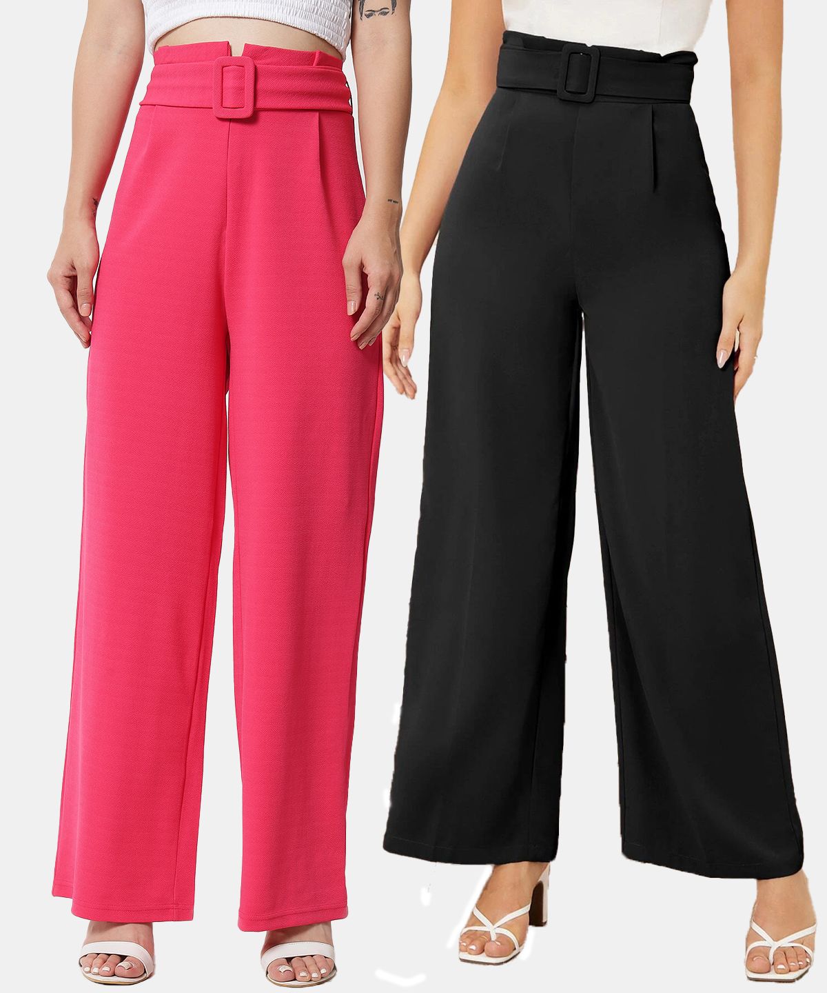kotty Pack of 2 Women Regular Fit Pink, Black Viscose Rayon Trousers-picture-38